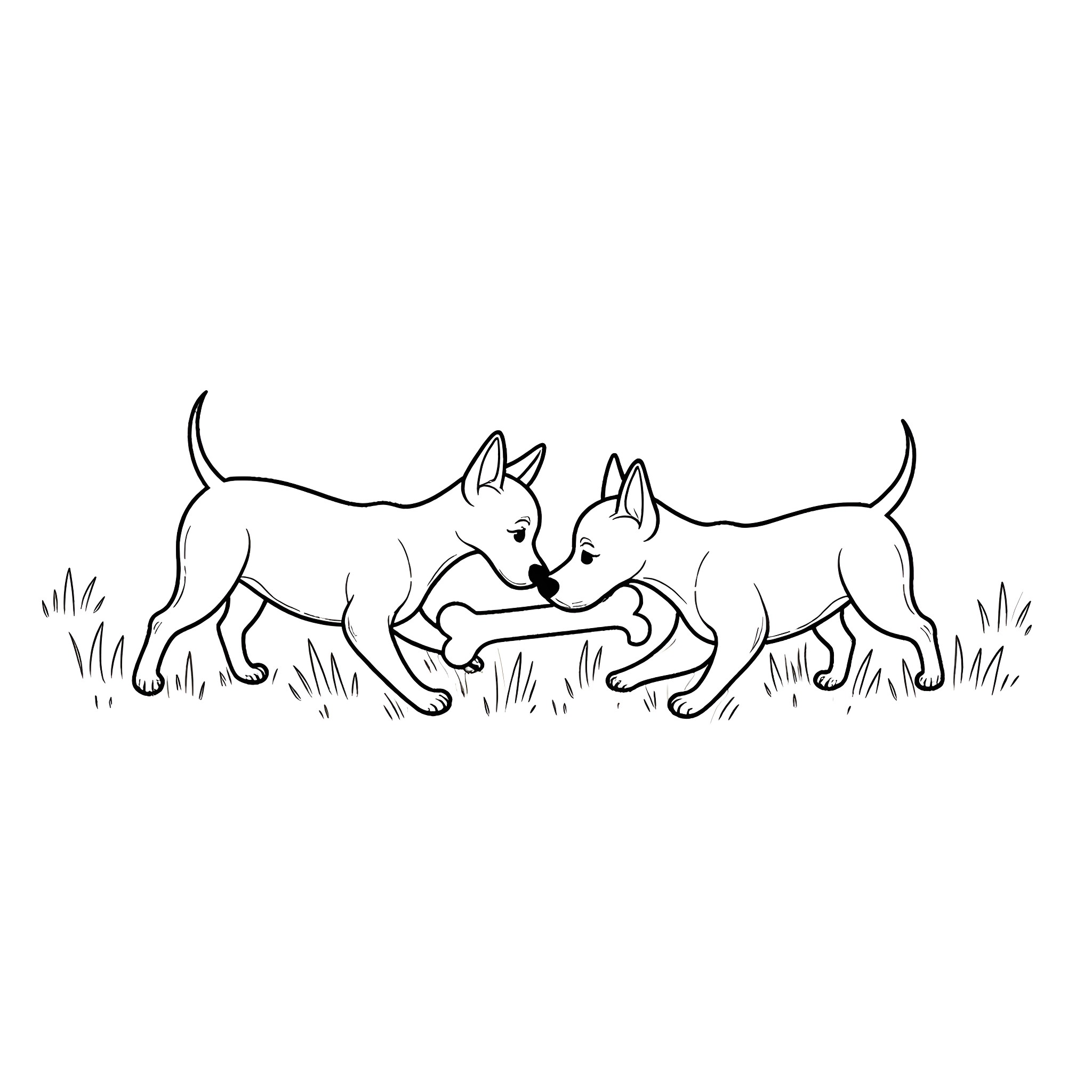 Dog companions playing in the field Coloring Page (free black-and-white line drawing printable PDF for all, from beginners to advanced learners, including children, teens, adults, and seniors)