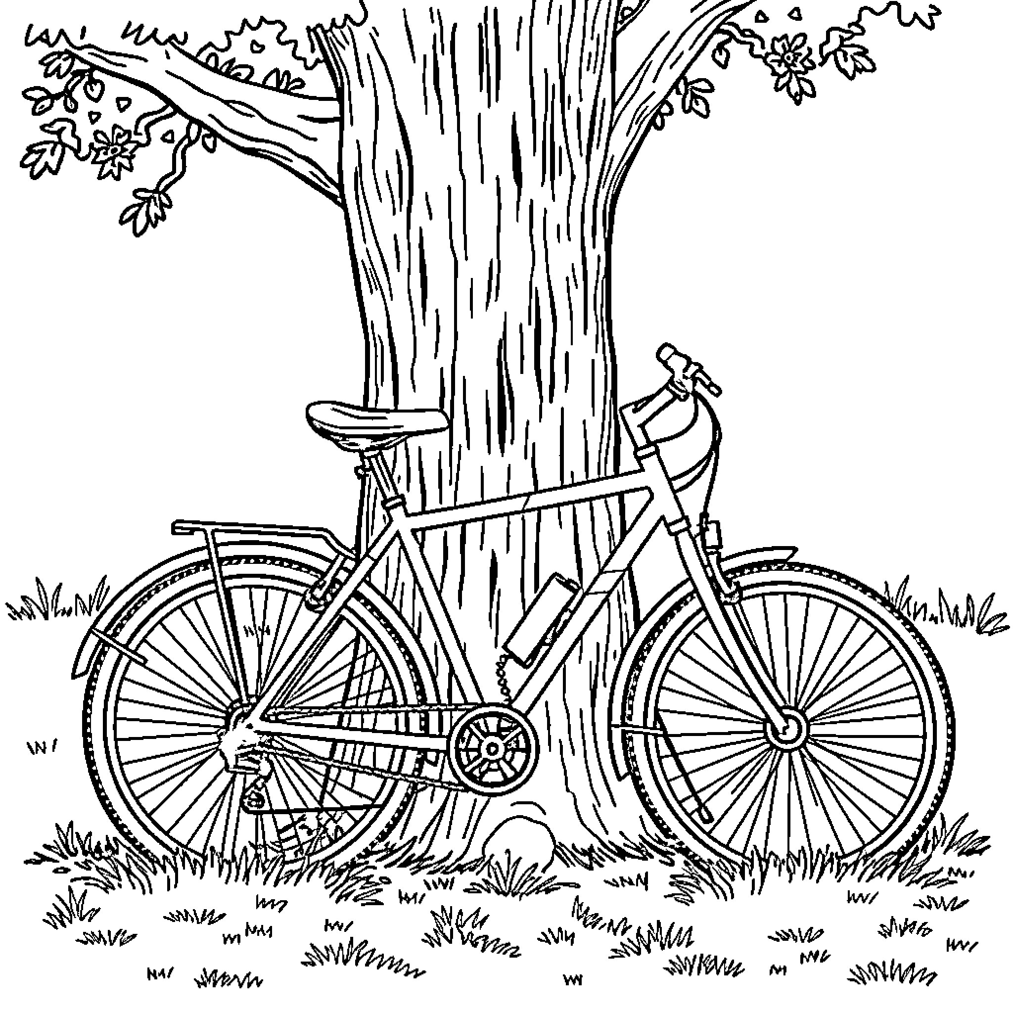 Bicycle leaning against a tree in nature Coloring Page (free black-and-white line drawing printable PDF for all, from beginners to advanced learners, including children, teens, adults, and seniors)