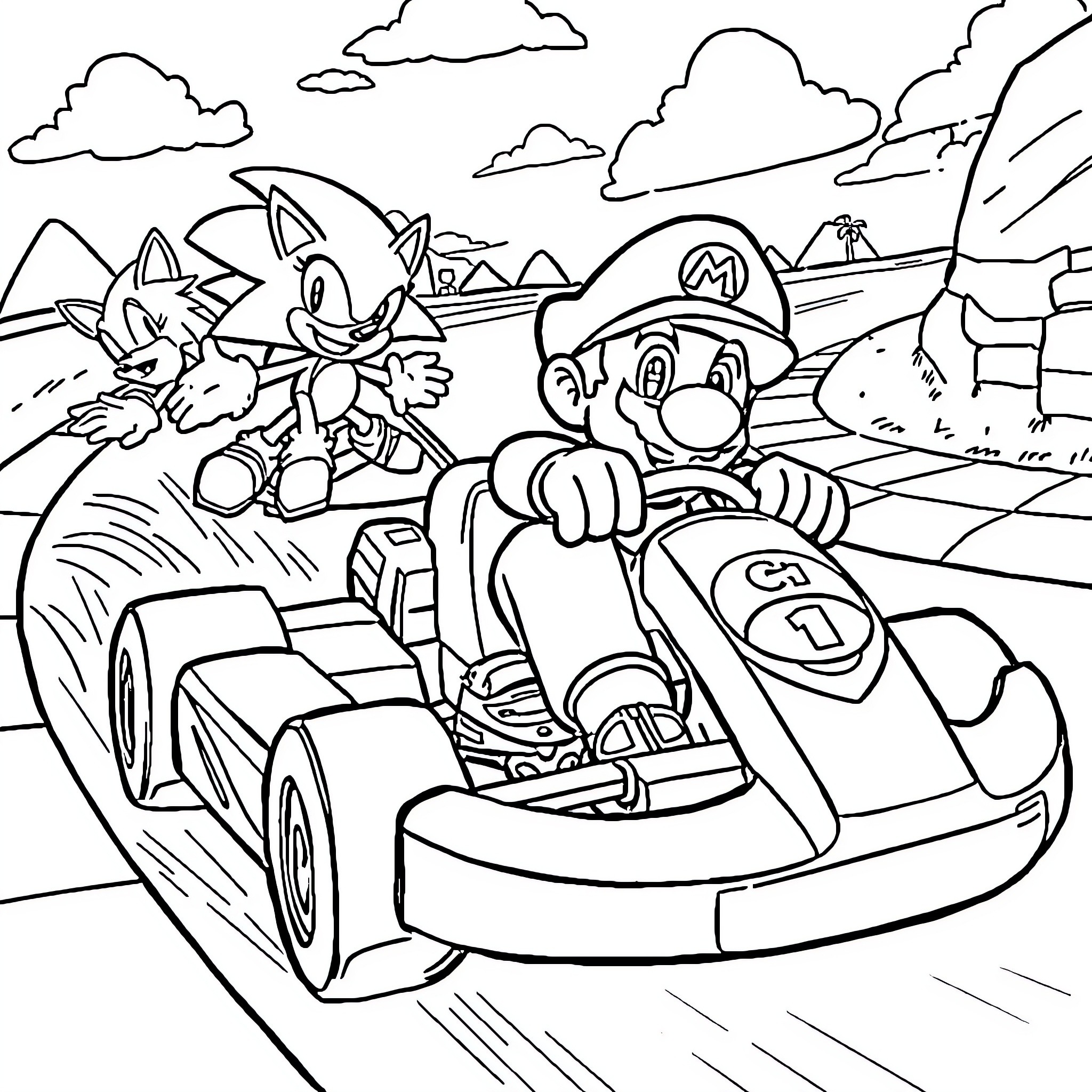 Mario and Sonic racing through a scenic track Coloring Page (free black-and-white line drawing printable PDF for all, from beginners to advanced learners, including children, teens, adults, and seniors)