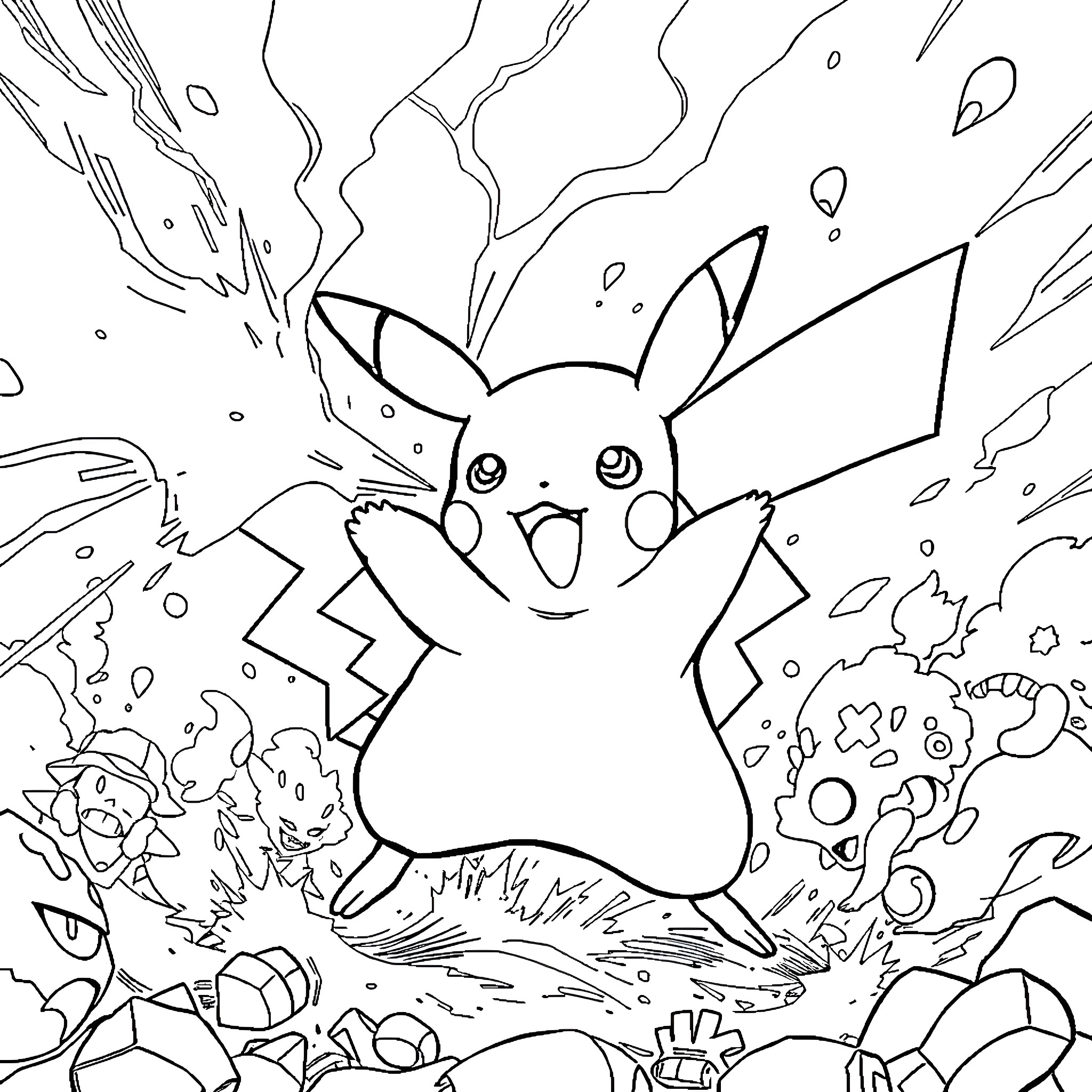 Pikachu in an electric storm Coloring Page (free black-and-white line drawing printable PDF for all, from beginners to advanced learners, including children, teens, adults, and seniors)