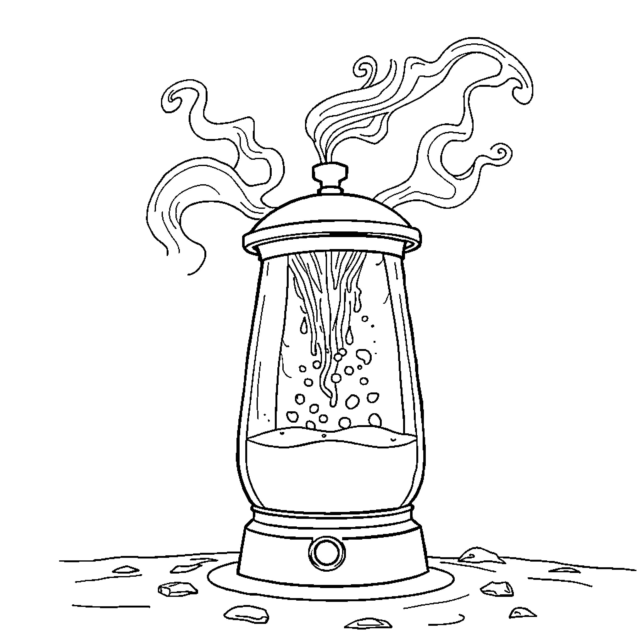 Water Kettle Steaming Vigorously on the Rocks Coloring Page (free black-and-white line drawing printable PDF for all, from beginners to advanced learners, including children, teens, adults, and seniors)