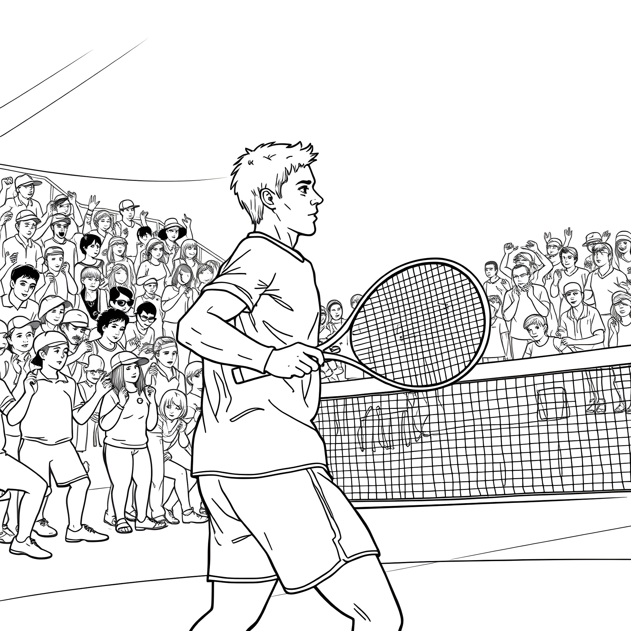 Tennis Player Competing in a Match with Crowd Coloring Page (free black-and-white line drawing printable PDF for all, from beginners to advanced learners, including children, teens, adults, and seniors)