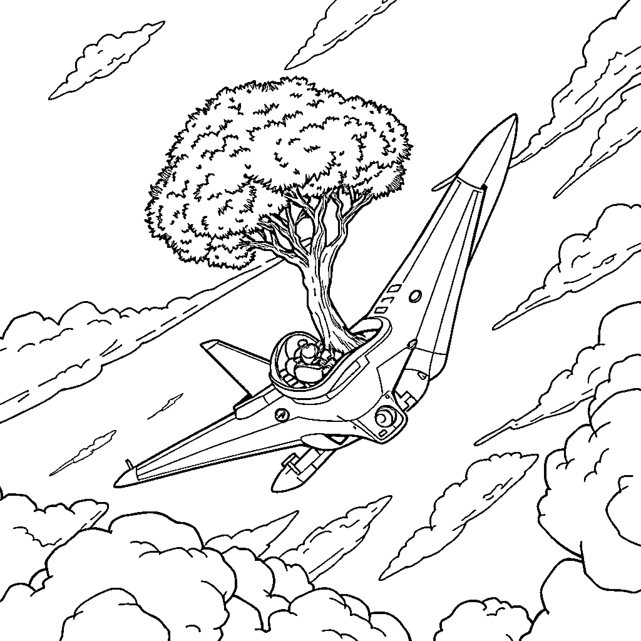 Tree with a futuristic vehicle in the sky Coloring Page (free black-and-white line drawing printable PDF for all, from beginners to advanced learners, including children, teens, adults, and seniors)