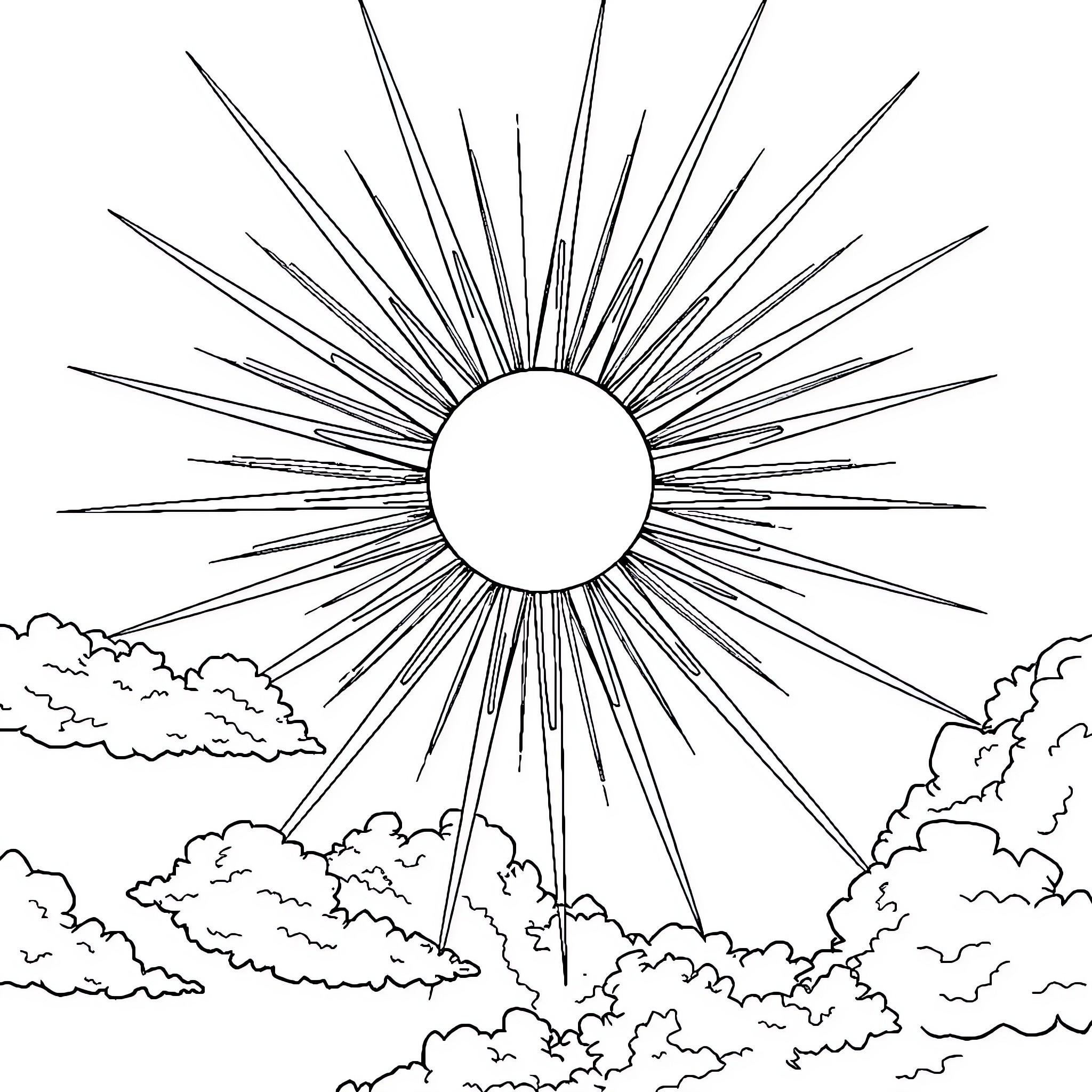 Blue Sun Bursting Through Cloudy Skies Coloring Page (free black-and-white line drawing printable PDF for all, from beginners to advanced learners, including children, teens, adults, and seniors)