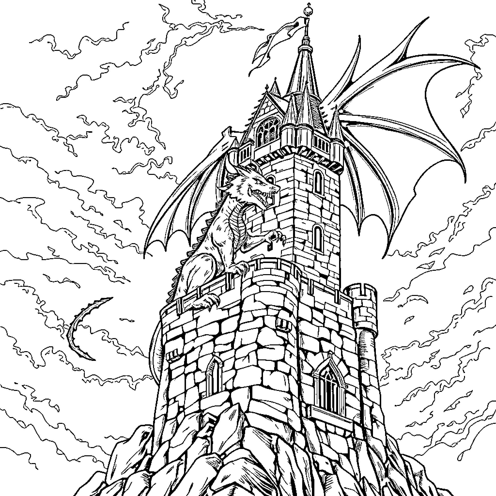 Dragon guarding a mystical castle in the clouds Coloring Page (free black-and-white line drawing printable PDF for all, from beginners to advanced learners, including children, teens, adults, and seniors)