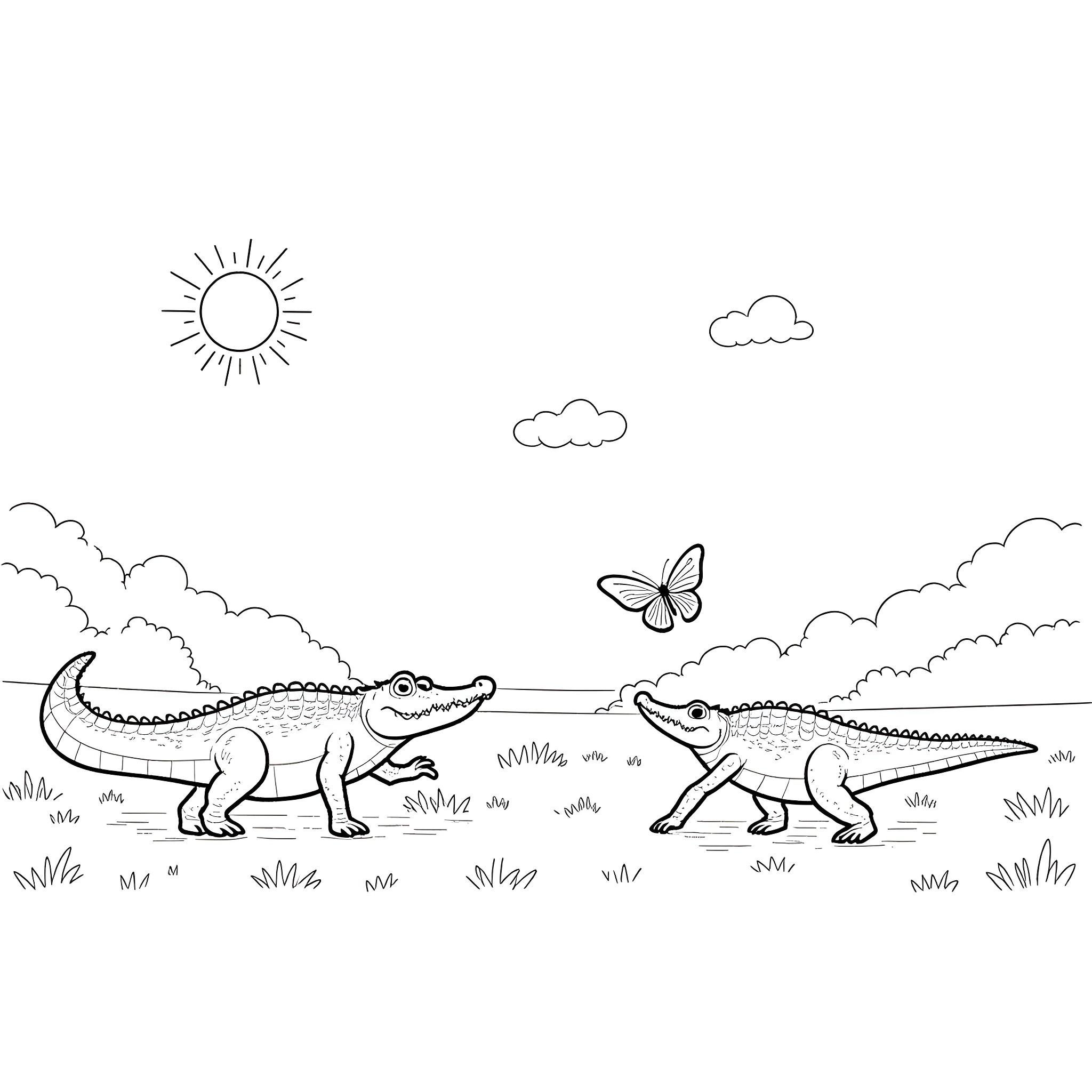 Crocodiles playing joyfully in the sunny meadow Coloring Page (free black-and-white line drawing printable PDF for all, from beginners to advanced learners, including children, teens, adults, and seniors)