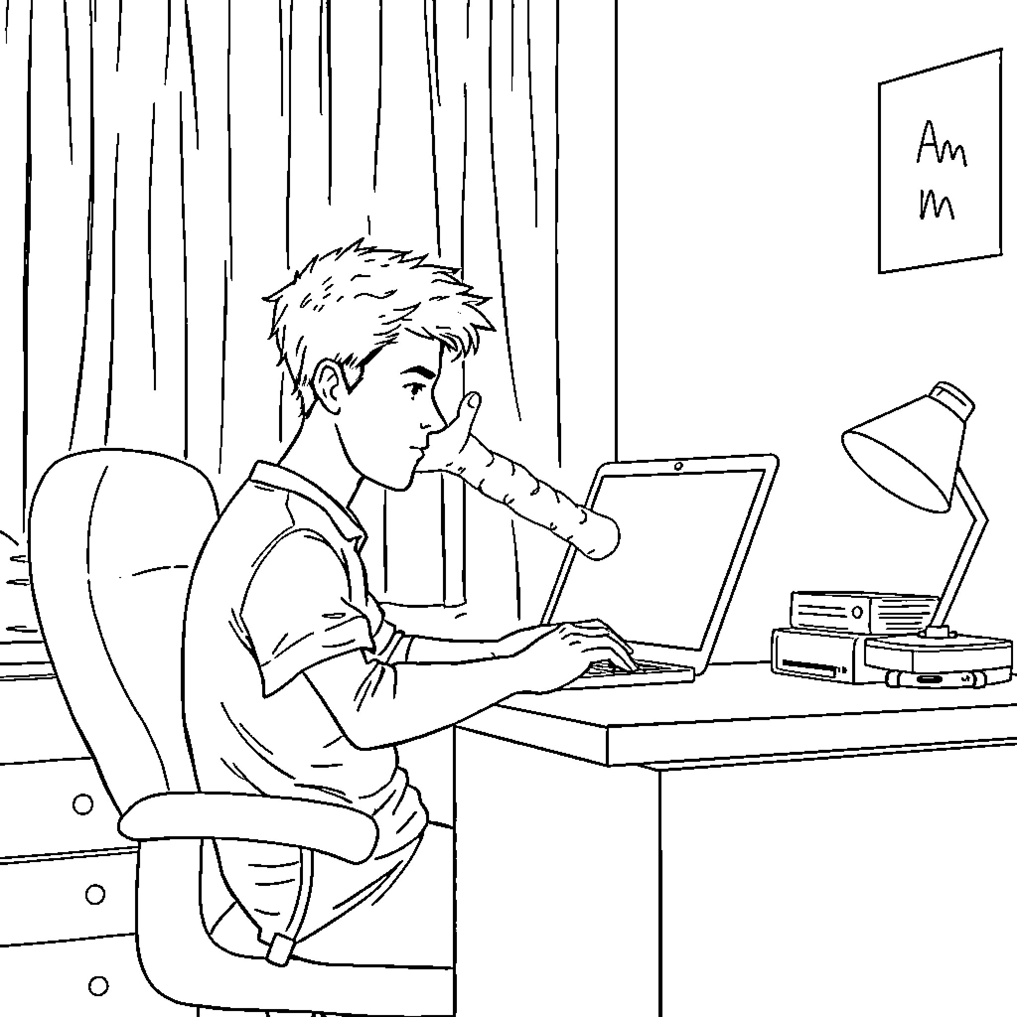 Man intently working on laptop in home office Coloring Page (free black-and-white line drawing printable PDF for all, from beginners to advanced learners, including children, teens, adults, and seniors)