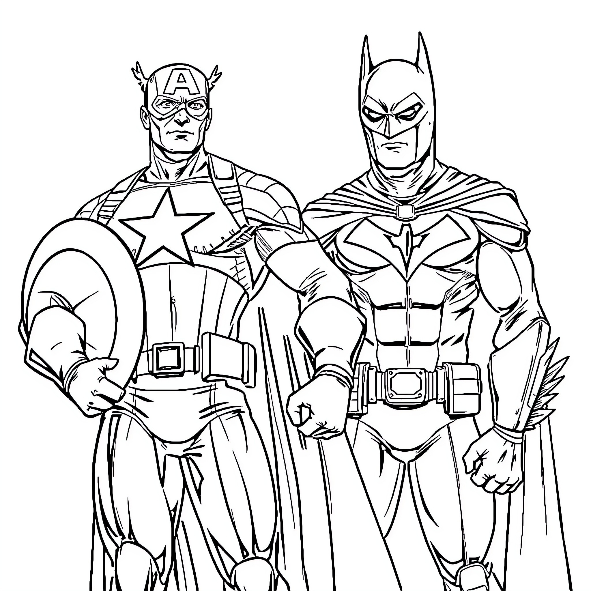 Captain America and Batman in Heroic Poses Coloring Page (free black-and-white line drawing printable PDF for all, from beginners to advanced learners, including children, teens, adults, and seniors)