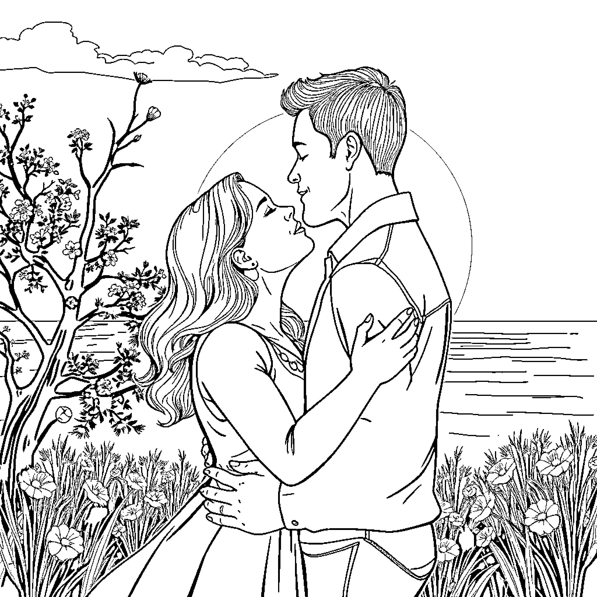 Parent and child embracing tenderly in nature Coloring Page (free black-and-white line drawing printable PDF for all, from beginners to advanced learners, including children, teens, adults, and seniors)