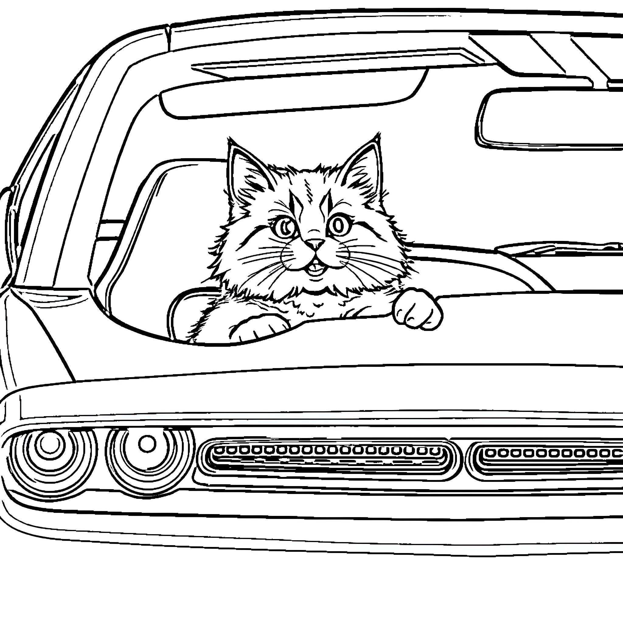 Cat peeking out of car window Coloring Page (free black-and-white line drawing printable PDF for all, from beginners to advanced learners, including children, teens, adults, and seniors)