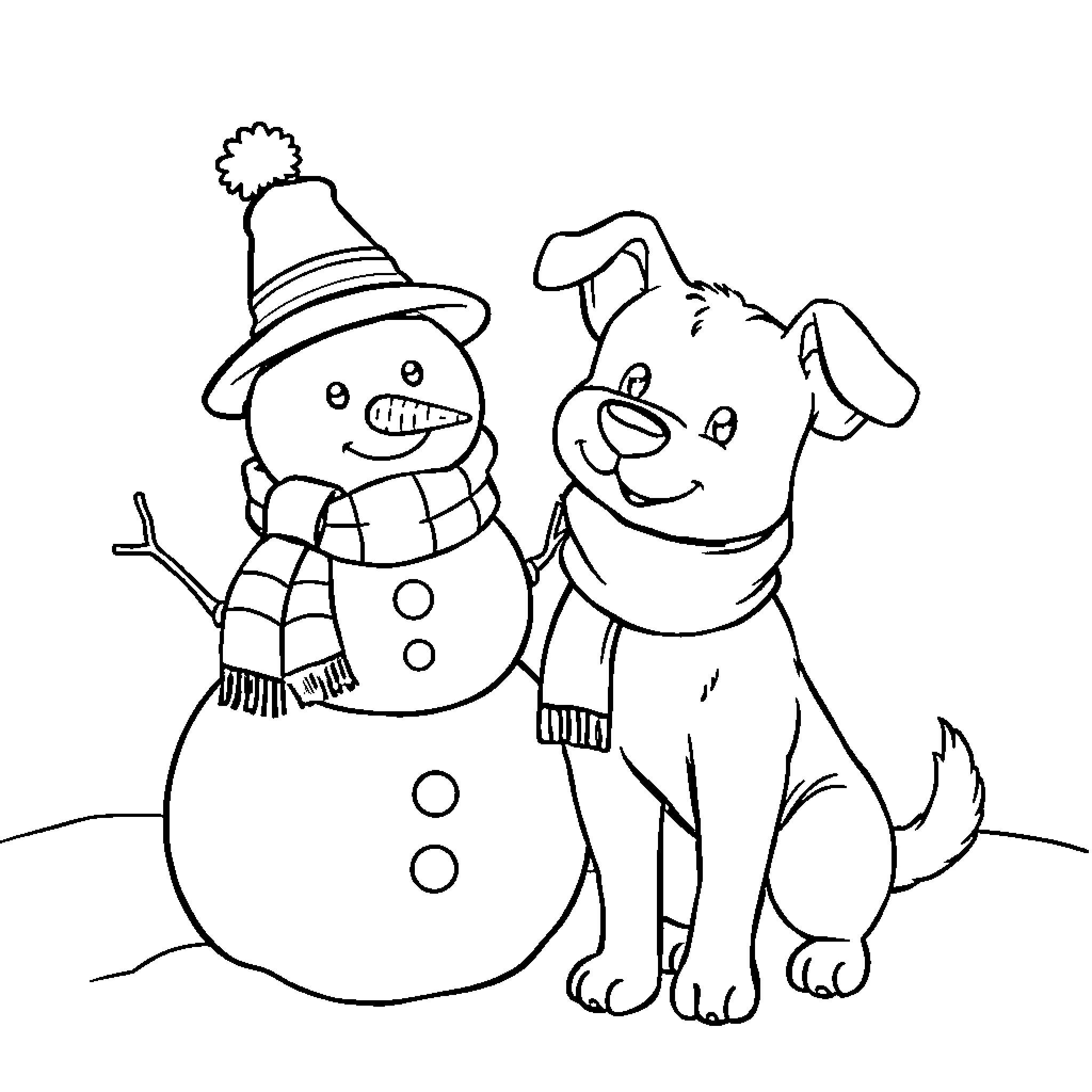 Dog and Snowman Enjoying Winter Together Coloring Page (free black-and-white line drawing printable PDF for all, from beginners to advanced learners, including children, teens, adults, and seniors)
