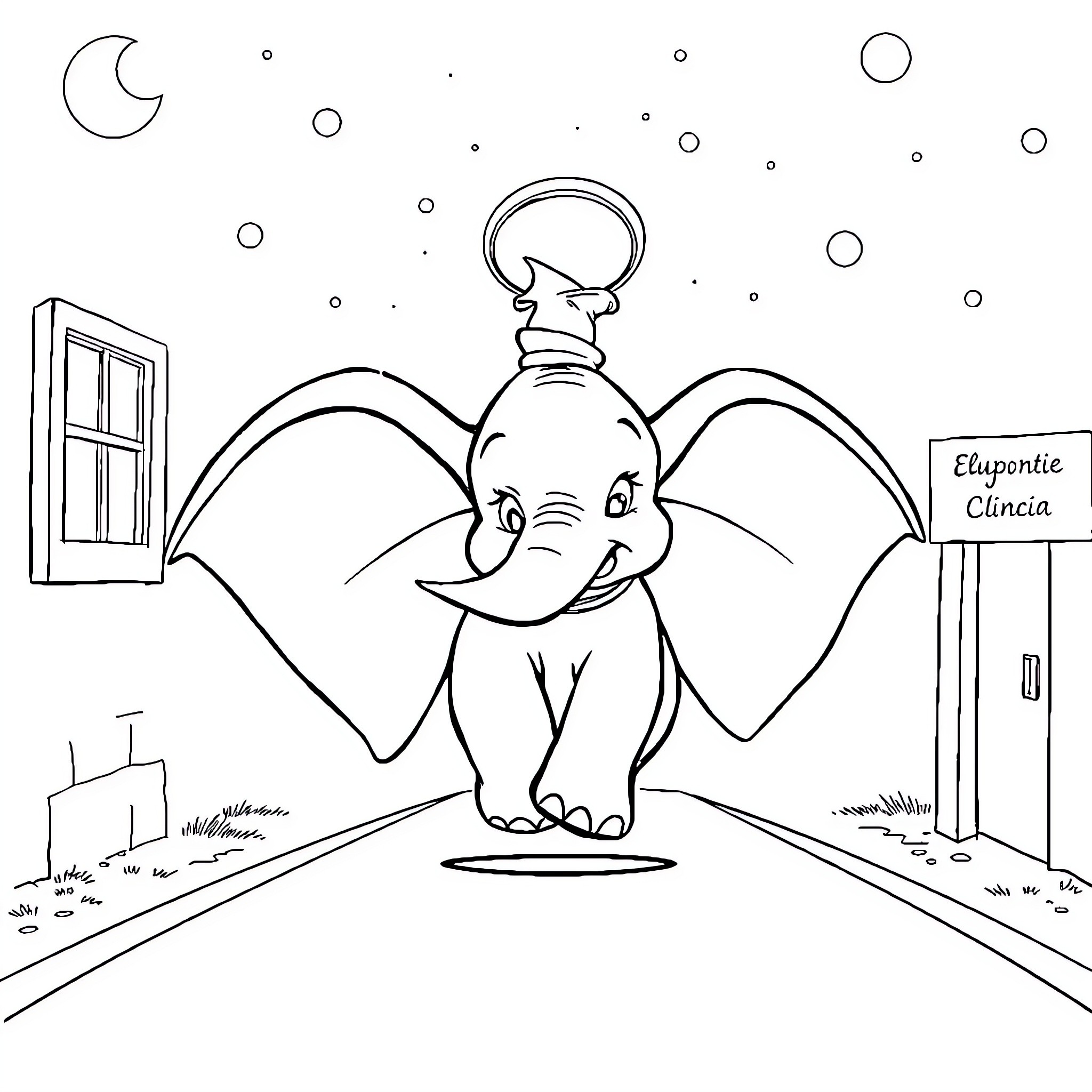 Dumbo the elephant flying in a magical night scene Coloring Page (free black-and-white line drawing printable PDF for all, from beginners to advanced learners, including children, teens, adults, and seniors)