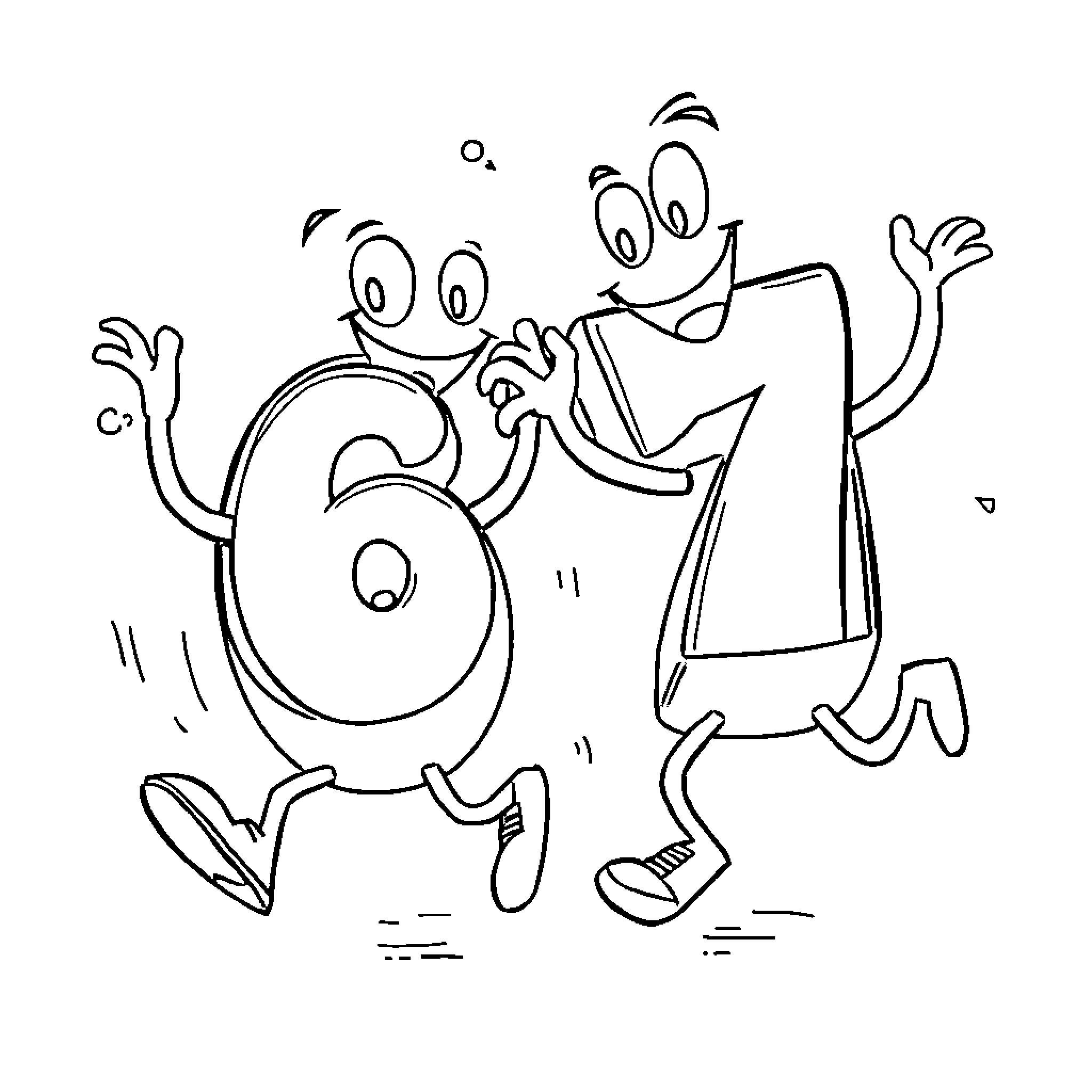 Number Two Fun Cartoon Characters Coloring Page (free black-and-white line drawing printable PDF for all, from beginners to advanced learners, including children, teens, adults, and seniors)