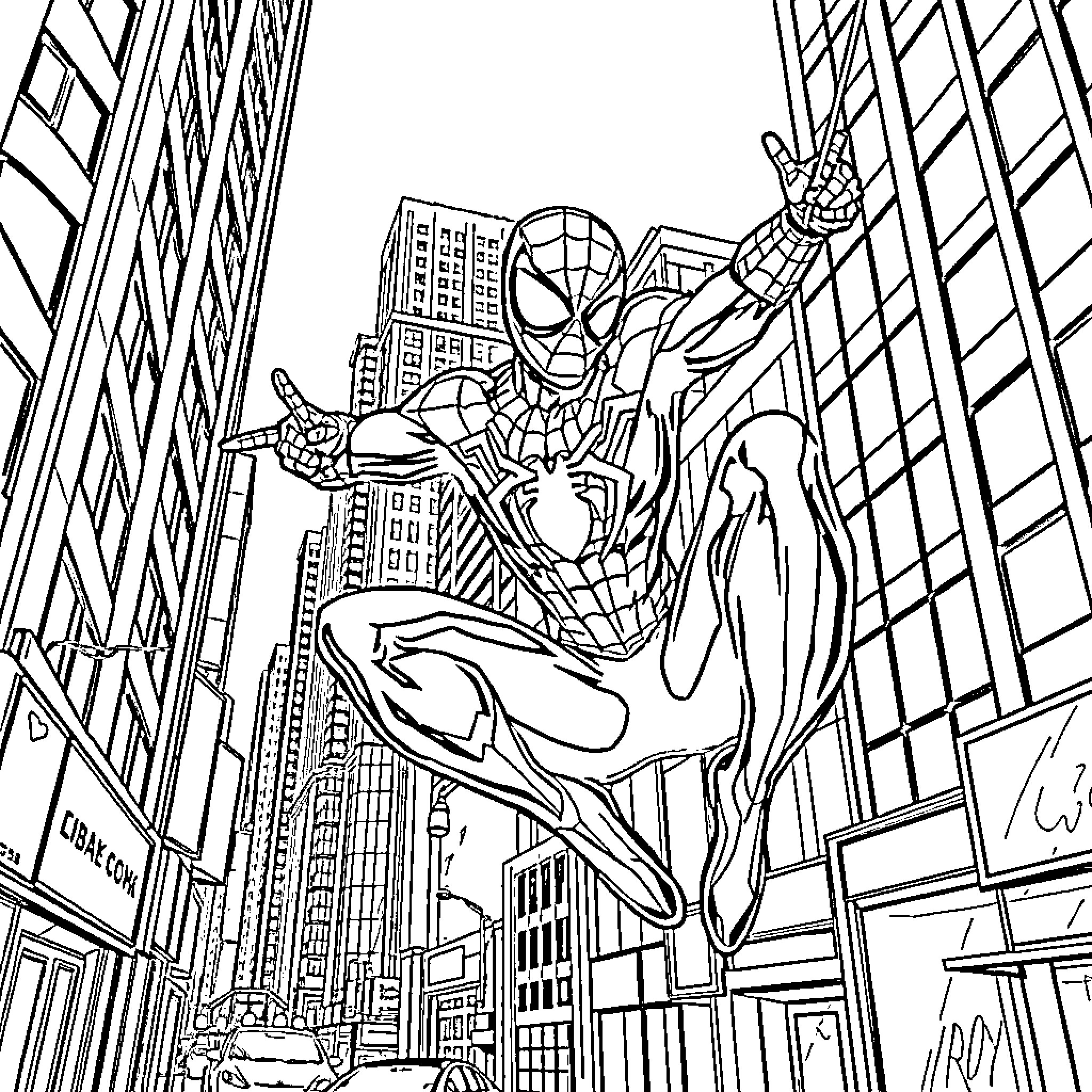 Spiderman swinging through the city skyscrapers Coloring Page (free black-and-white line drawing printable PDF for all, from beginners to advanced learners, including children, teens, adults, and seniors)