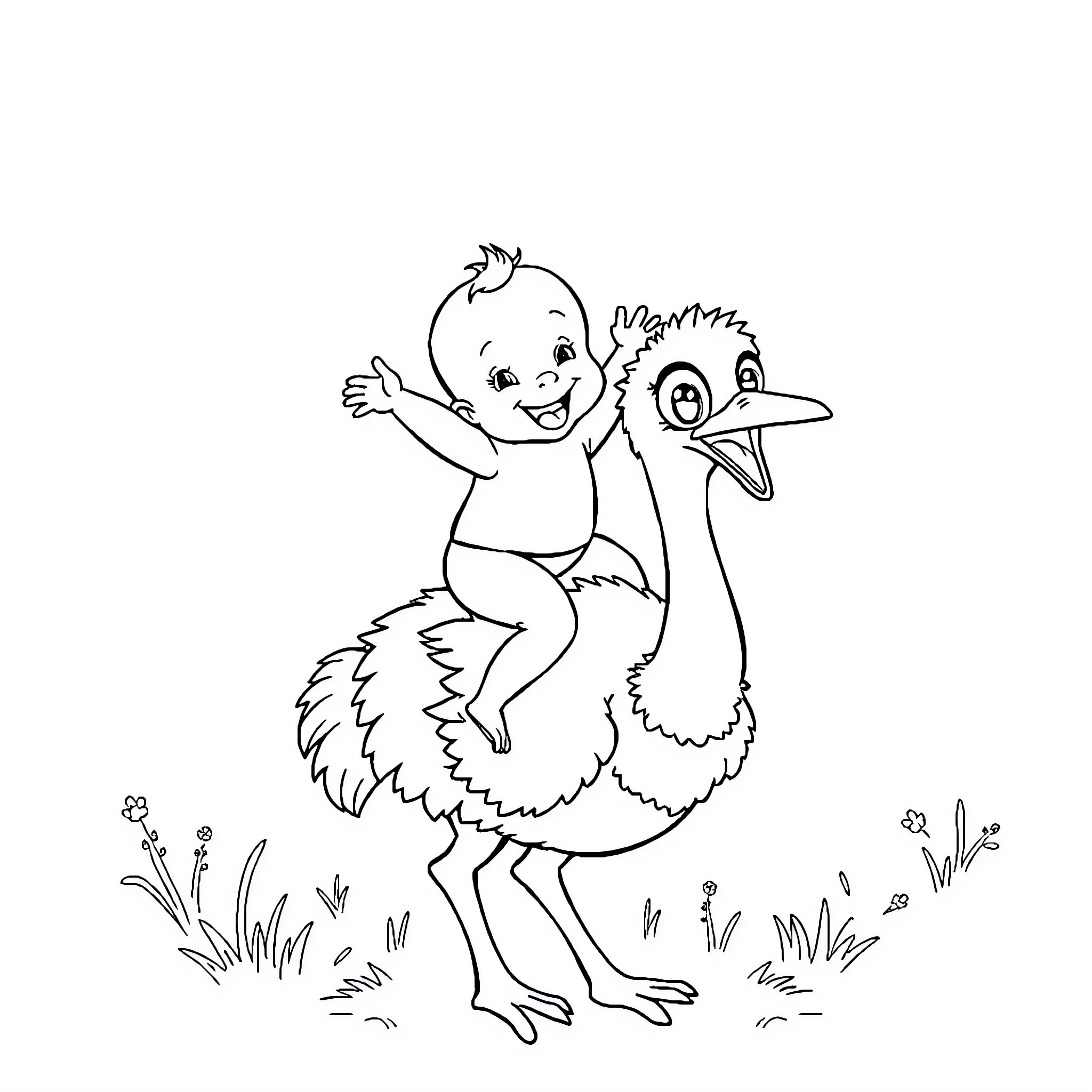 Baby riding happily on a duck in the meadow Coloring Page (free black-and-white line drawing printable PDF for all, from beginners to advanced learners, including children, teens, adults, and seniors)
