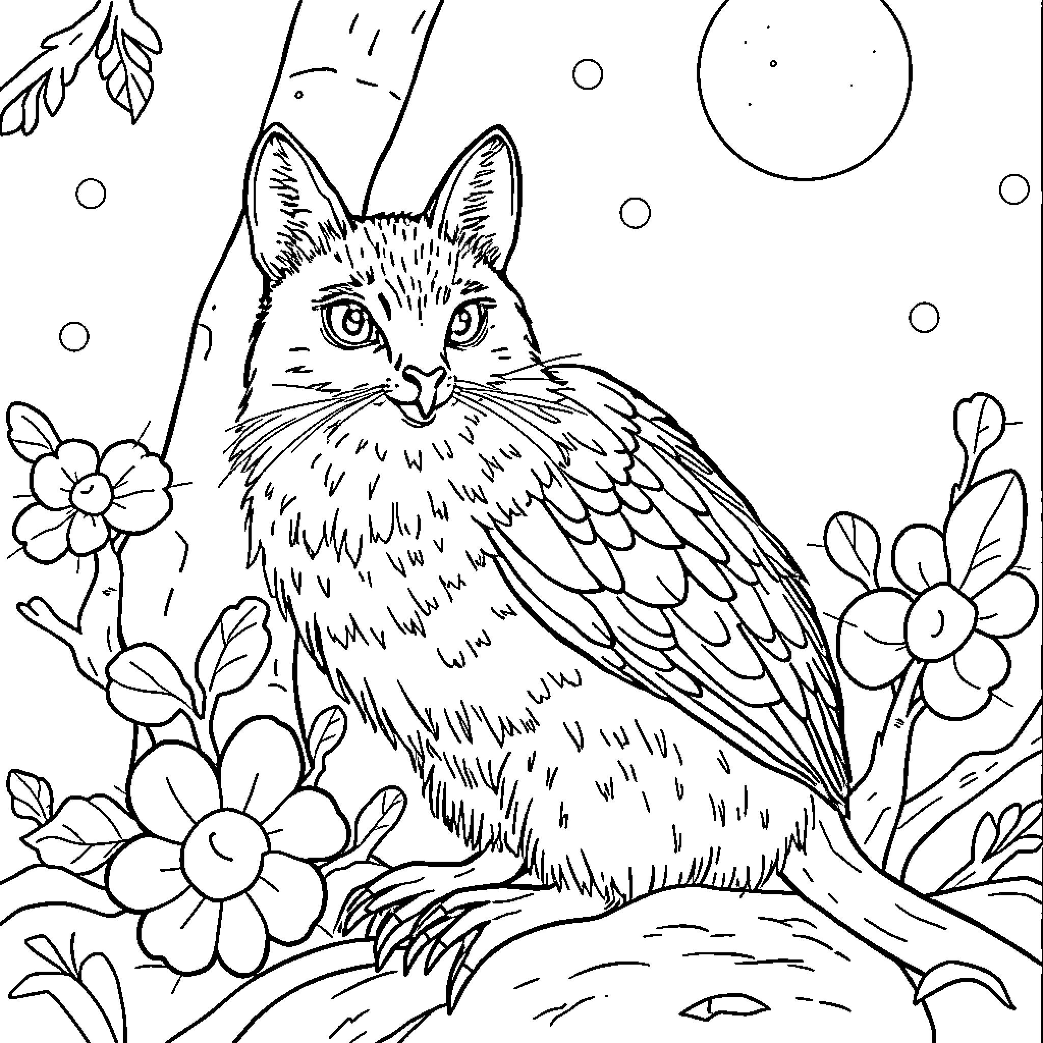 Buba's Whimsical Floral Adventure Coloring Page (free black-and-white line drawing printable PDF for all, from beginners to advanced learners, including children, teens, adults, and seniors)