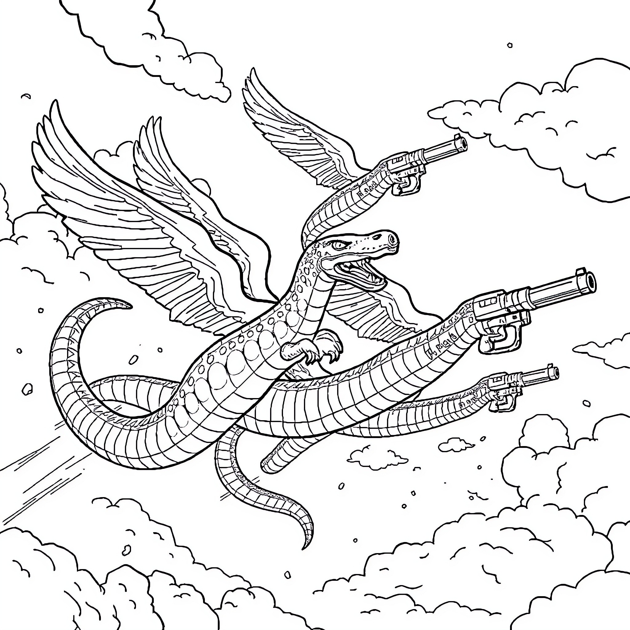 Flying Snake Unleashing Firepower in the Sky Coloring Page (free black-and-white line drawing printable PDF for all, from beginners to advanced learners, including children, teens, adults, and seniors)