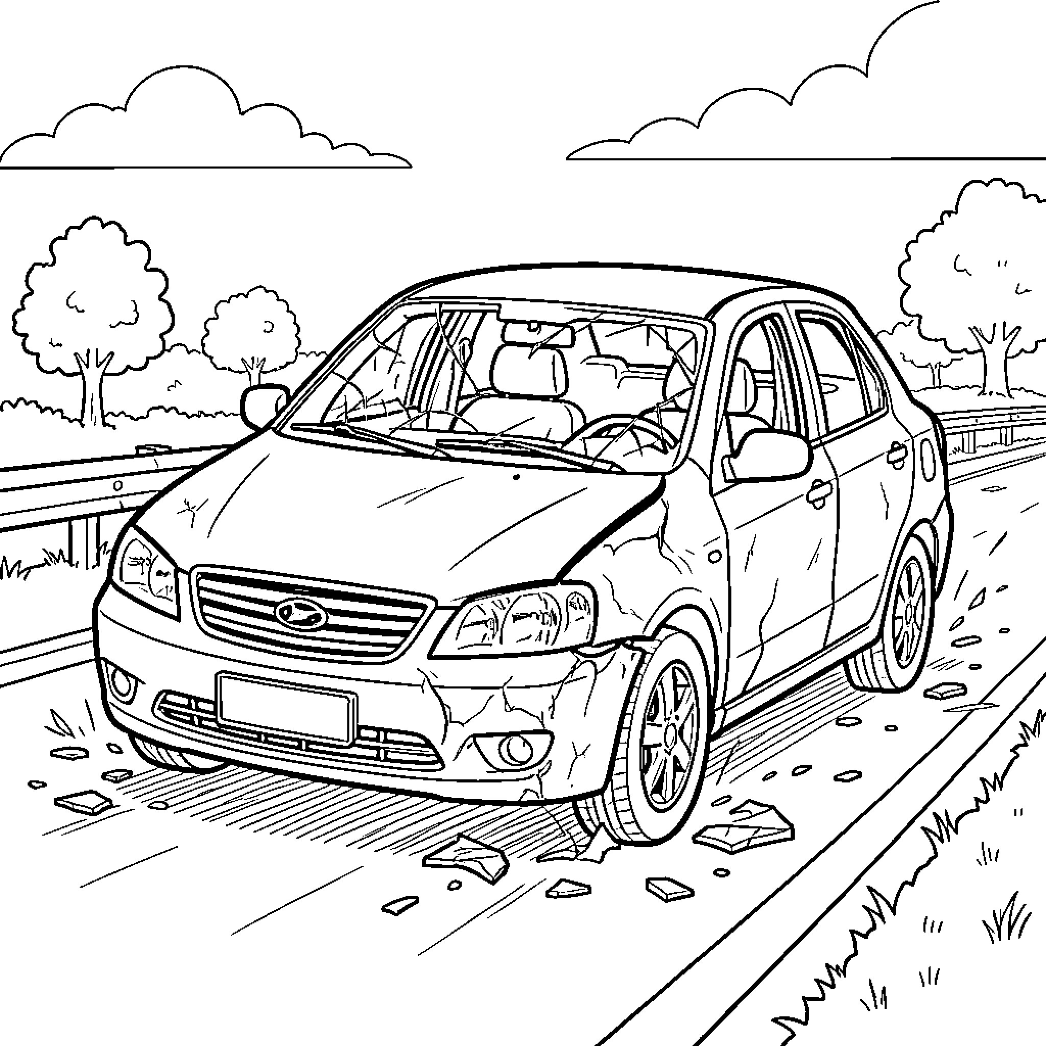 Car in a crash on the road Coloring Page (free black-and-white line drawing printable PDF for all, from beginners to advanced learners, including children, teens, adults, and seniors)