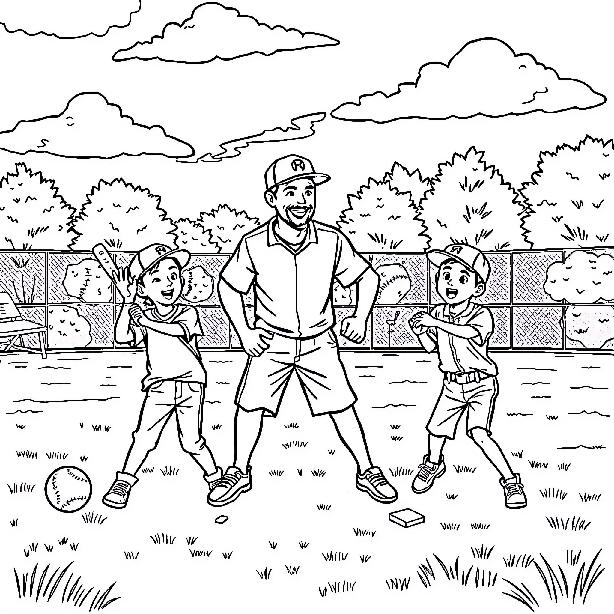 Kid playing baseball with friends in the park Coloring Page (free black-and-white line drawing printable PDF for all, from beginners to advanced learners, including children, teens, adults, and seniors)