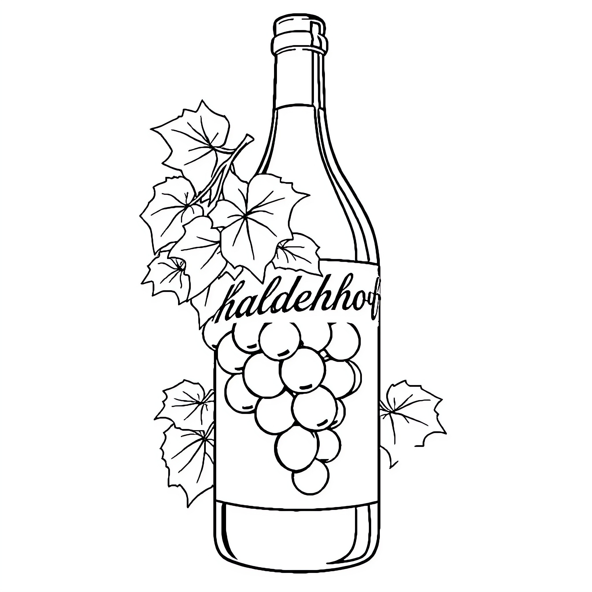 Grape Bottle with Vine Leaves Coloring Page (free black-and-white line drawing printable PDF for all, from beginners to advanced learners, including children, teens, adults, and seniors)