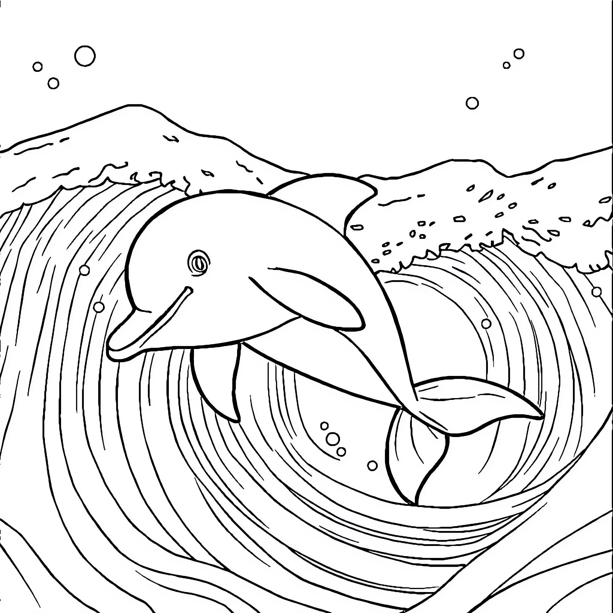 Dolphin swimming in the ocean waves Coloring Page (free black-and-white line drawing printable PDF for all, from beginners to advanced learners, including children, teens, adults, and seniors)