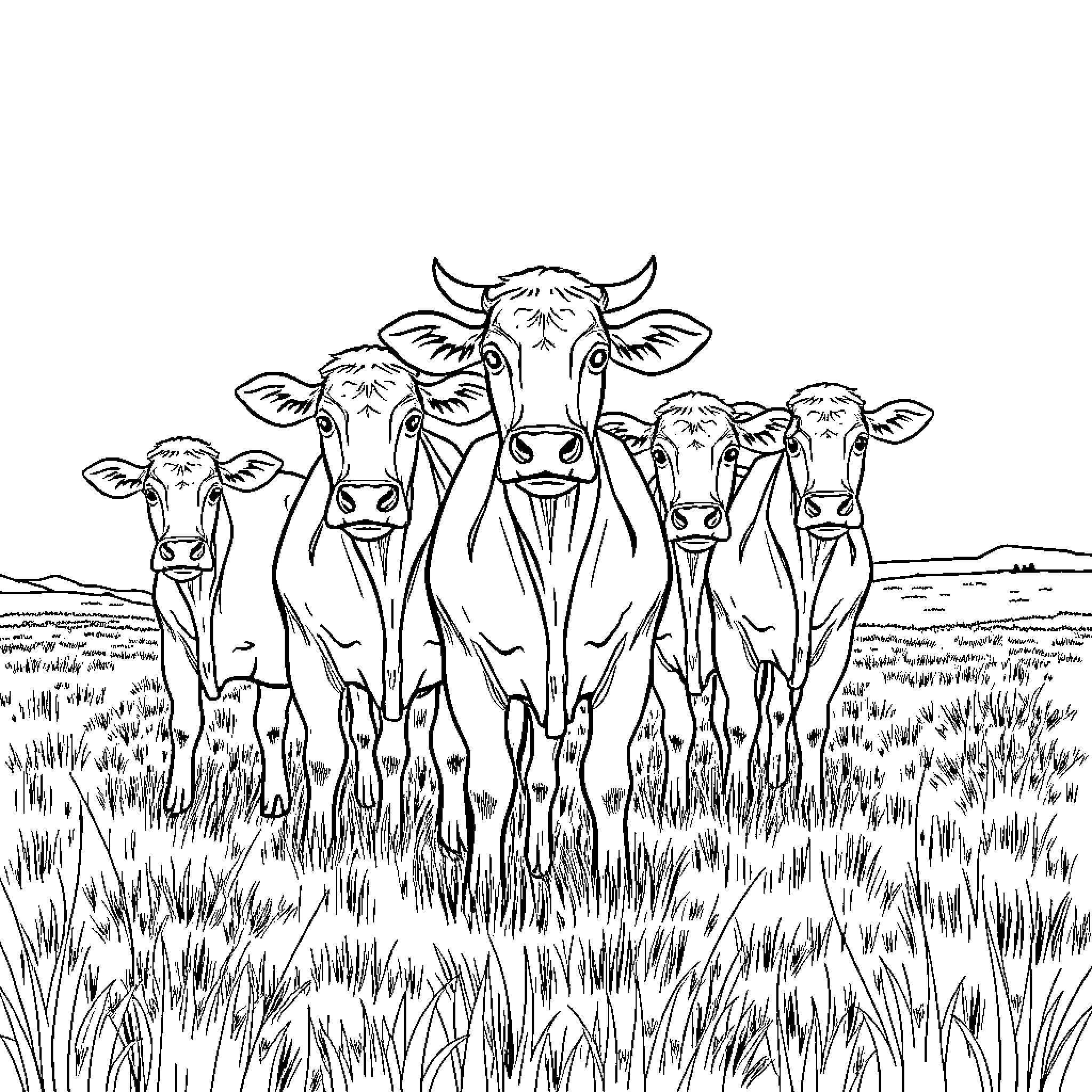 Cows standing together in a grassy field Coloring Page (free black-and-white line drawing printable PDF for all, from beginners to advanced learners, including children, teens, adults, and seniors)