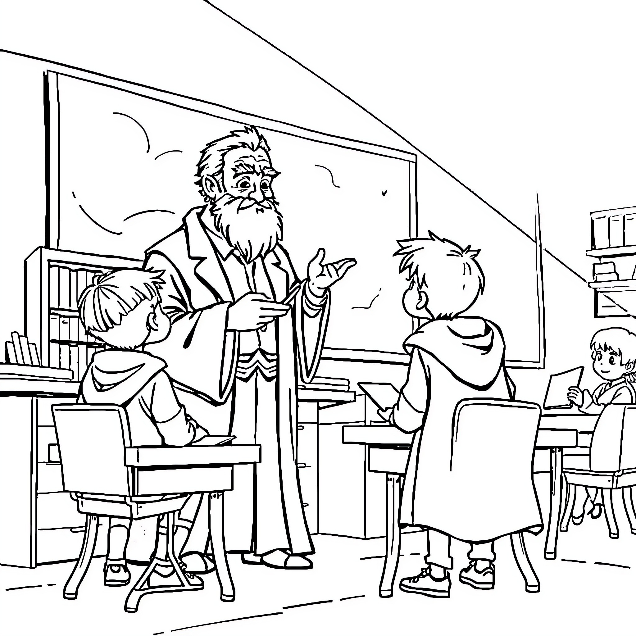 Wizard teaching students in the classroom Coloring Page (free black-and-white line drawing printable PDF for all, from beginners to advanced learners, including children, teens, adults, and seniors)