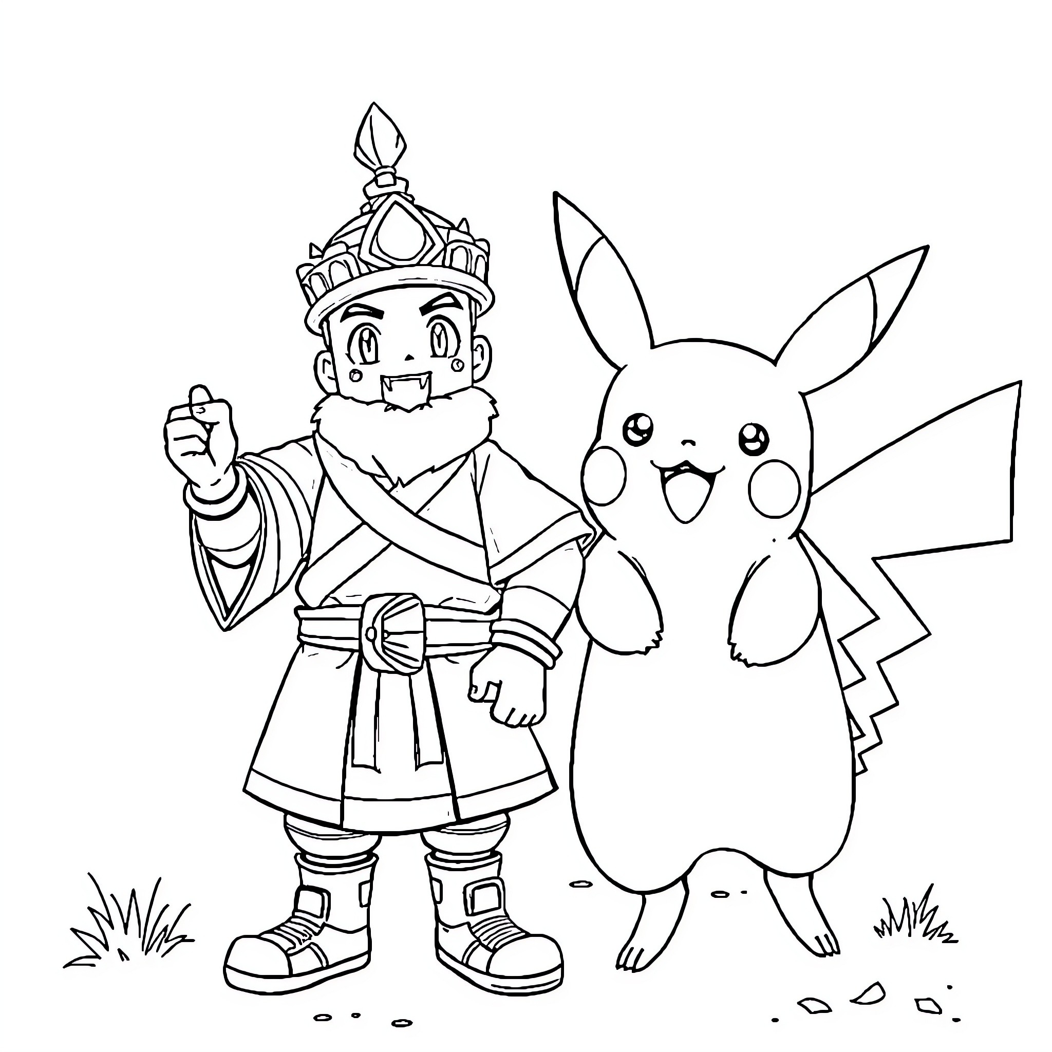 Pikachu and the Adventurous Boy Coloring Page (free black-and-white line drawing printable PDF for all, from beginners to advanced learners, including children, teens, adults, and seniors)