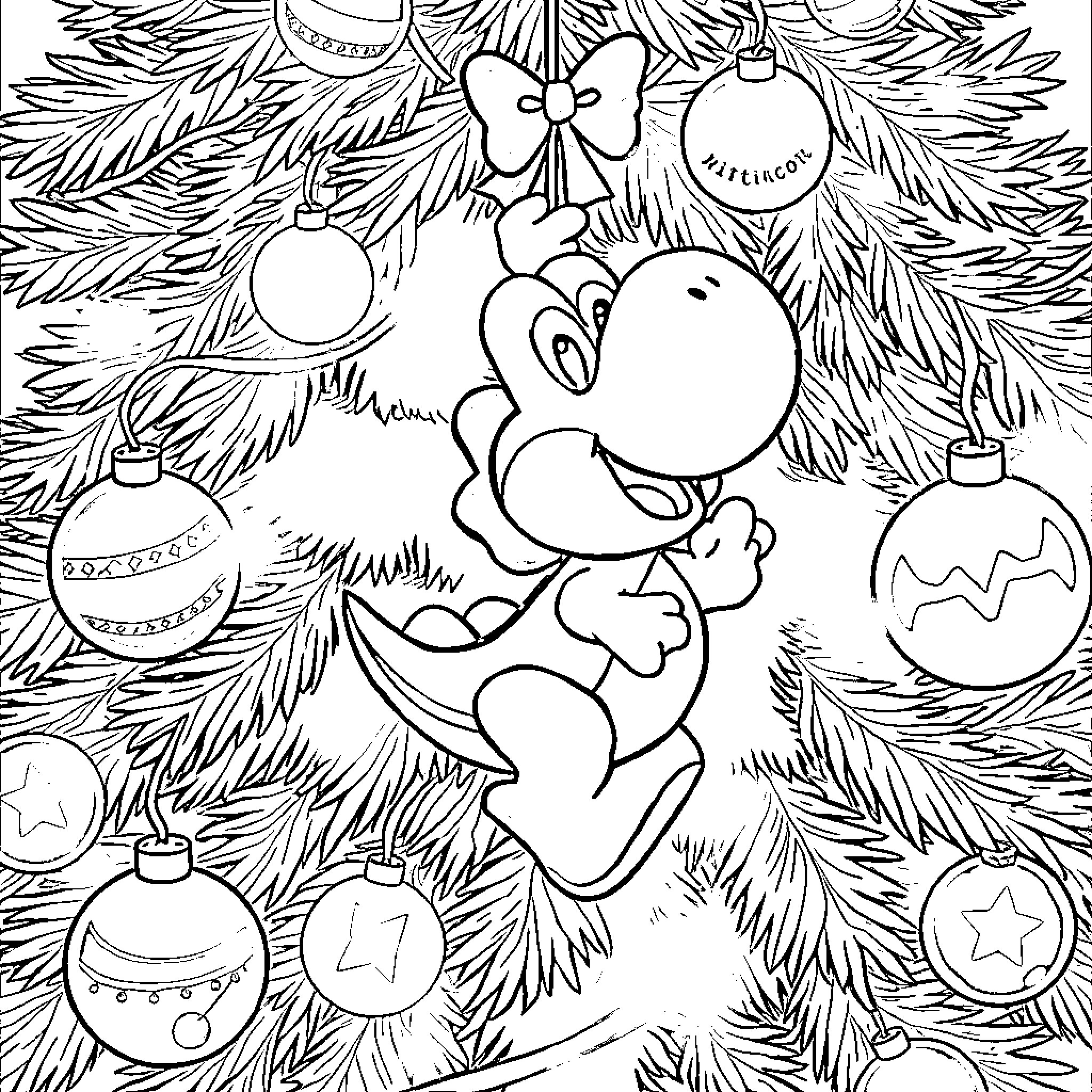 Yoshi decorates the Christmas tree with ornaments Coloring Page (free black-and-white line drawing printable PDF for all, from beginners to advanced learners, including children, teens, adults, and seniors)