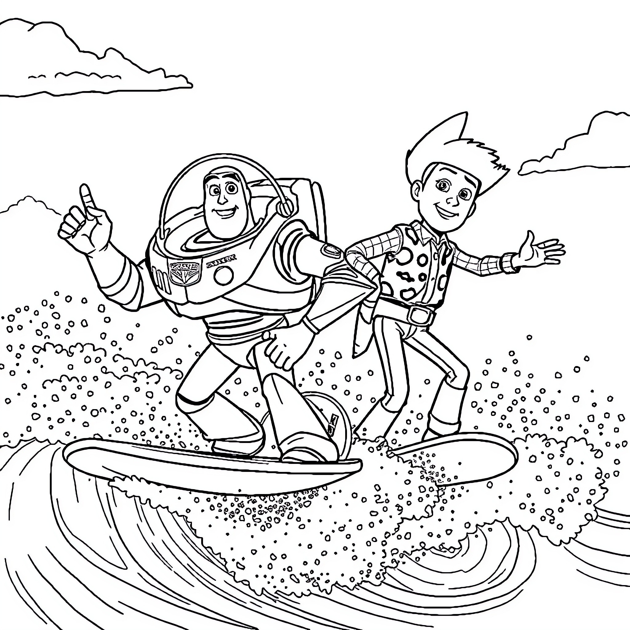 Buzz Lightyear and Woody's Space Adventure Coloring Page (free black-and-white line drawing printable PDF for all, from beginners to advanced learners, including children, teens, adults, and seniors)