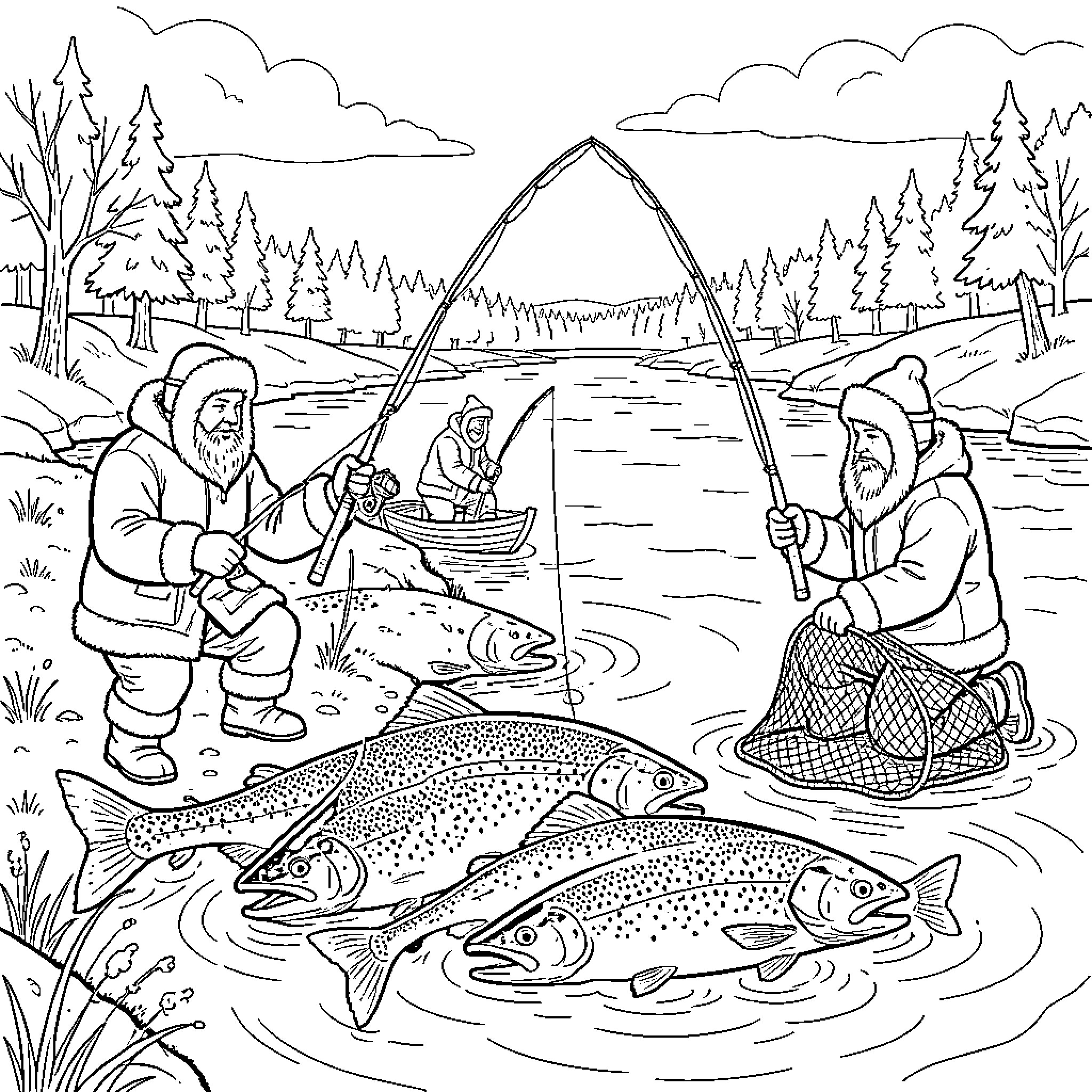 Inuit men fishing in a river with large fish Coloring Page (free black-and-white line drawing printable PDF for all, from beginners to advanced learners, including children, teens, adults, and seniors)