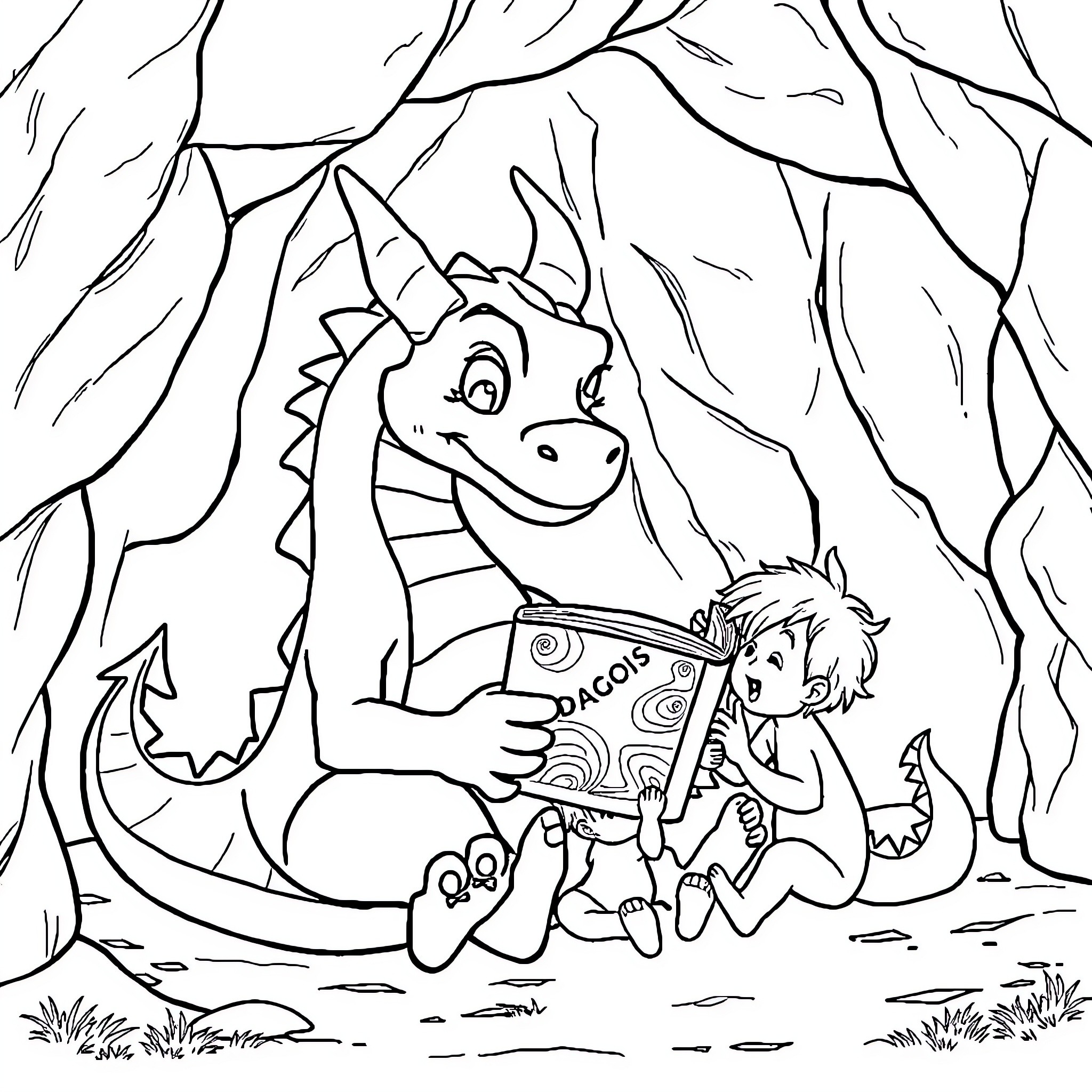 Dragon reading a book with a young child in the forest Coloring Page (free black-and-white line drawing printable PDF for all, from beginners to advanced learners, including children, teens, adults, and seniors)