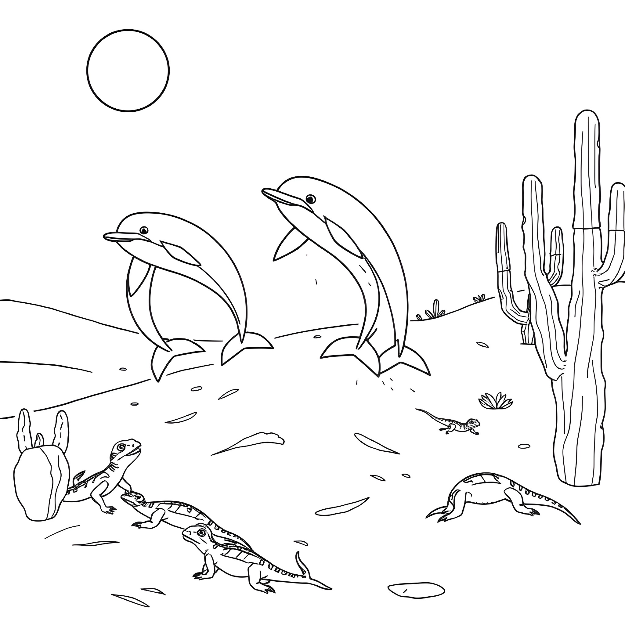 Dolphins playing in a desert landscape Coloring Page (free black-and-white line drawing printable PDF for all, from beginners to advanced learners, including children, teens, adults, and seniors)