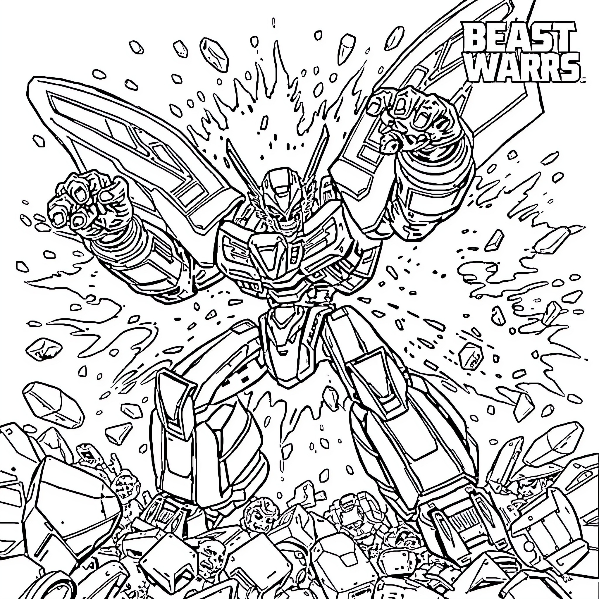 Waspinator's Explosive Transformation in Beast Wars Coloring Page (free black-and-white line drawing printable PDF for all, from beginners to advanced learners, including children, teens, adults, and seniors)
