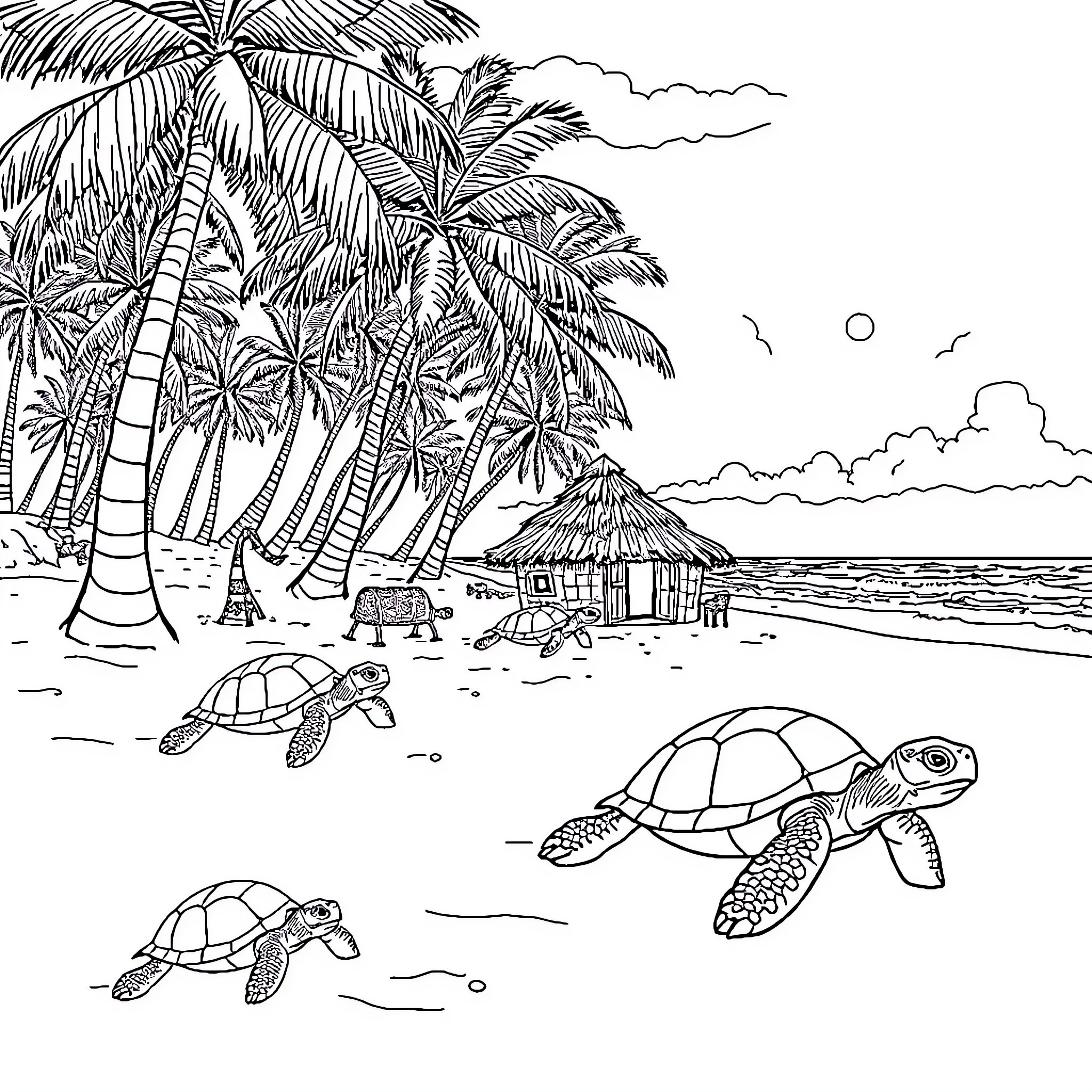 Turtle beach scene with palm trees and cabana Coloring Page (free black-and-white line drawing printable PDF for all, from beginners to advanced learners, including children, teens, adults, and seniors)
