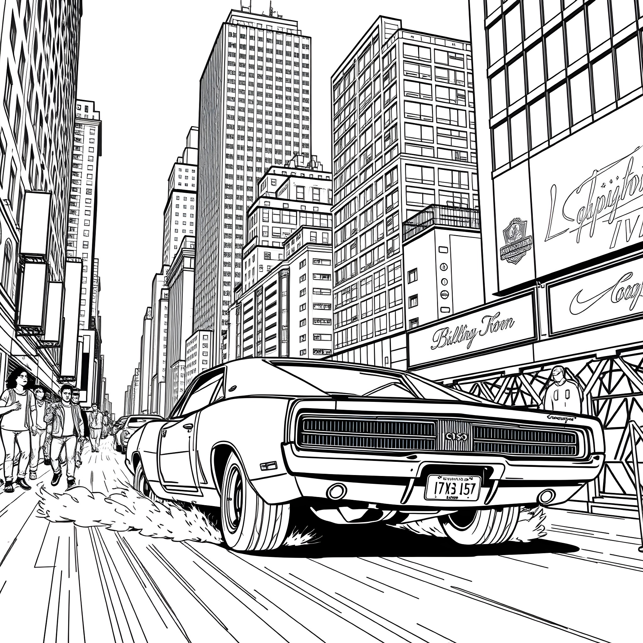 Dodge Charger speeding through the busy city streets Coloring Page (free black-and-white line drawing printable PDF for all, from beginners to advanced learners, including children, teens, adults, and seniors)