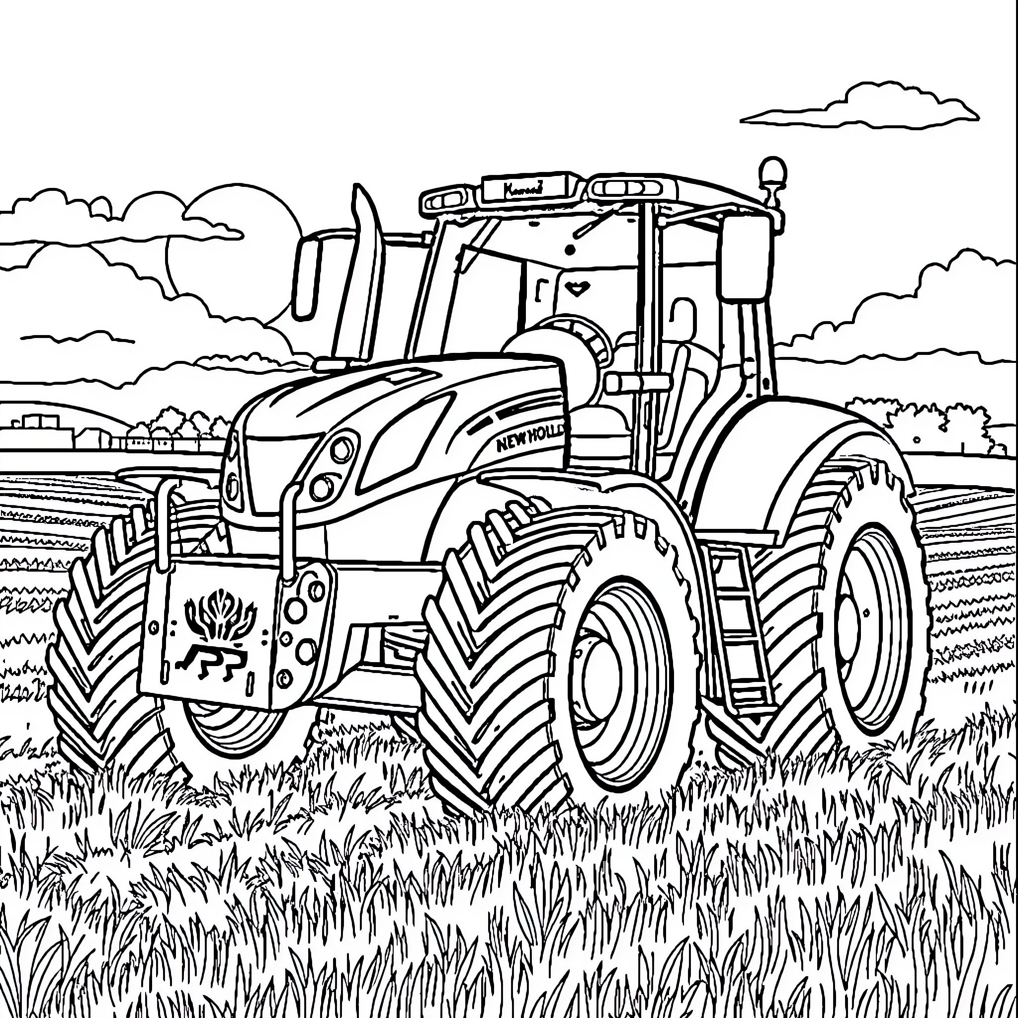 Tractor working in the field Coloring Page (free black-and-white line drawing printable PDF for all, from beginners to advanced learners, including children, teens, adults, and seniors)