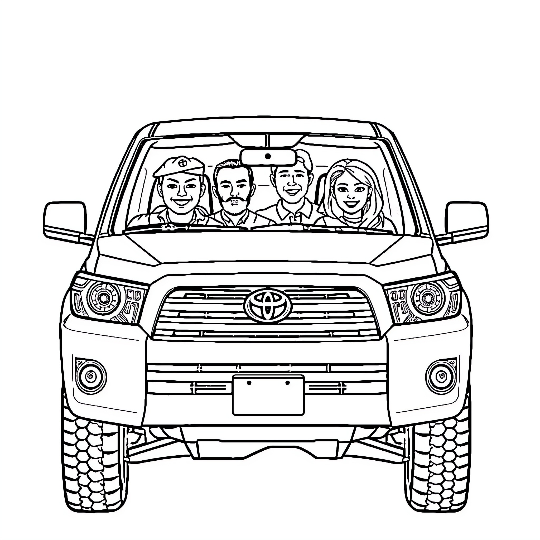 Toyota family road trip in SUV Coloring Page (free black-and-white line drawing printable PDF for all, from beginners to advanced learners, including children, teens, adults, and seniors)