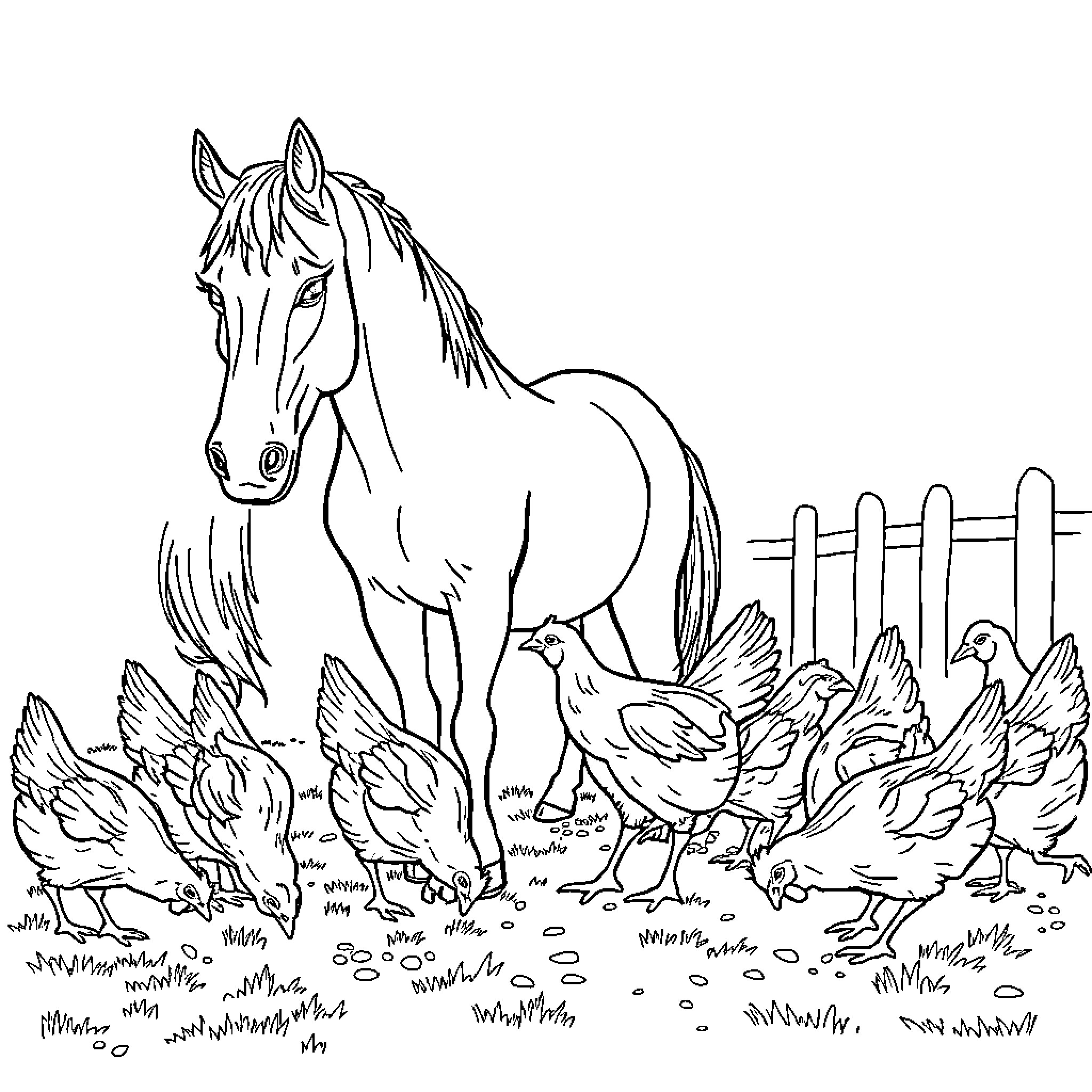 Horse grazing alongside farm animals in a fenced field Coloring Page (free black-and-white line drawing printable PDF for all, from beginners to advanced learners, including children, teens, adults, and seniors)