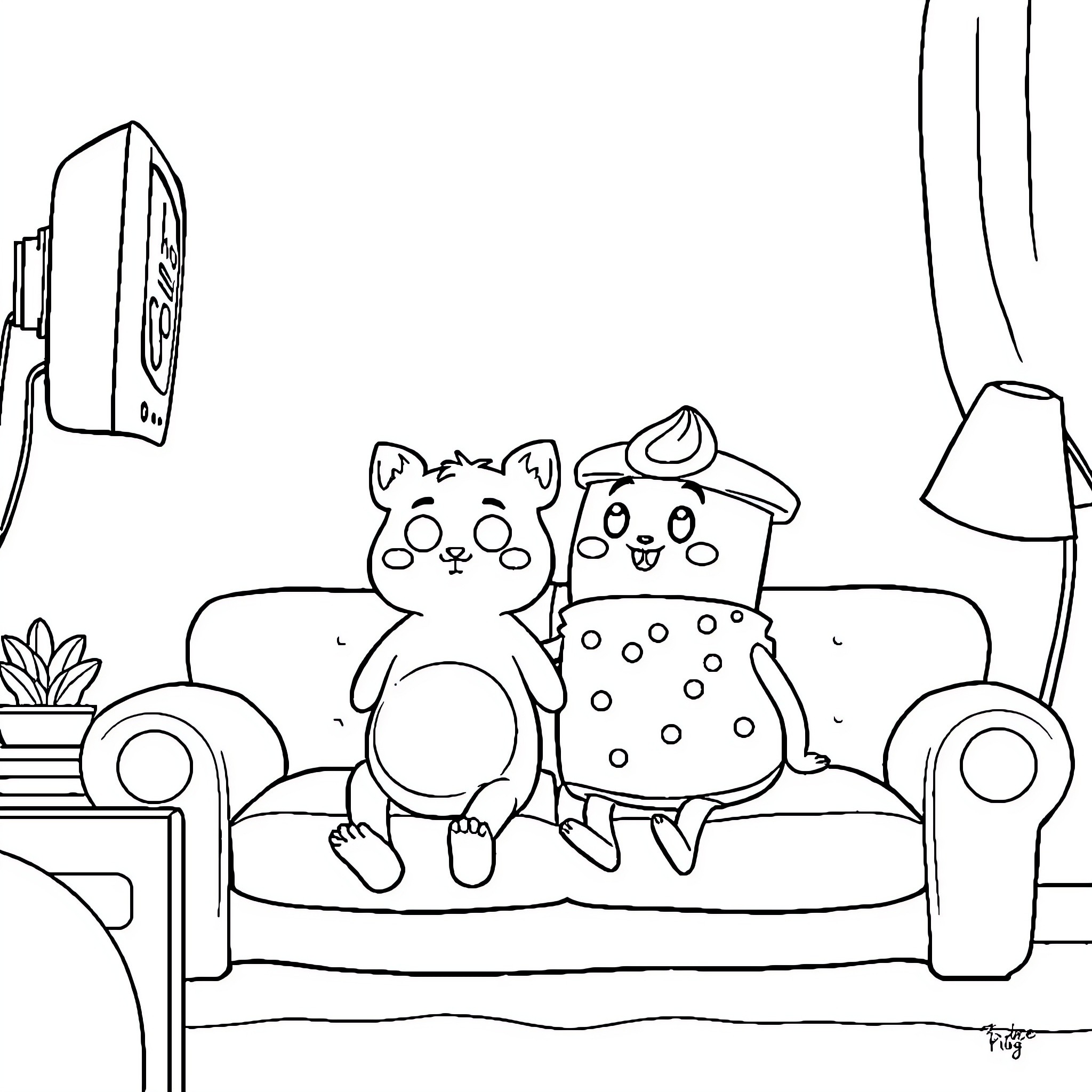 Choco Cats relaxing on the couch Coloring Page (free black-and-white line drawing printable PDF for all, from beginners to advanced learners, including children, teens, adults, and seniors)