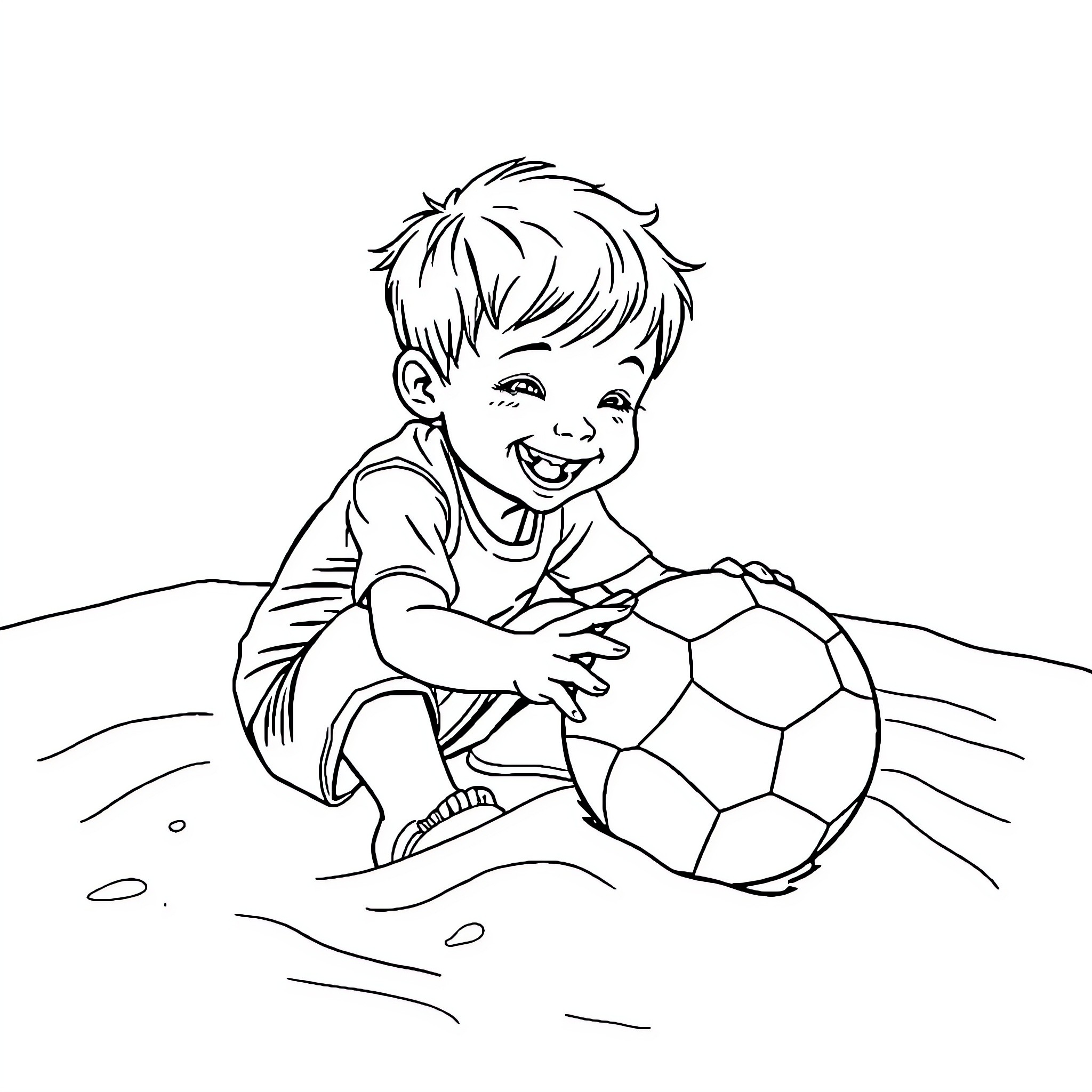 Kid playing happily with soccer ball on the field Coloring Page (free black-and-white line drawing printable PDF for all, from beginners to advanced learners, including children, teens, adults, and seniors)