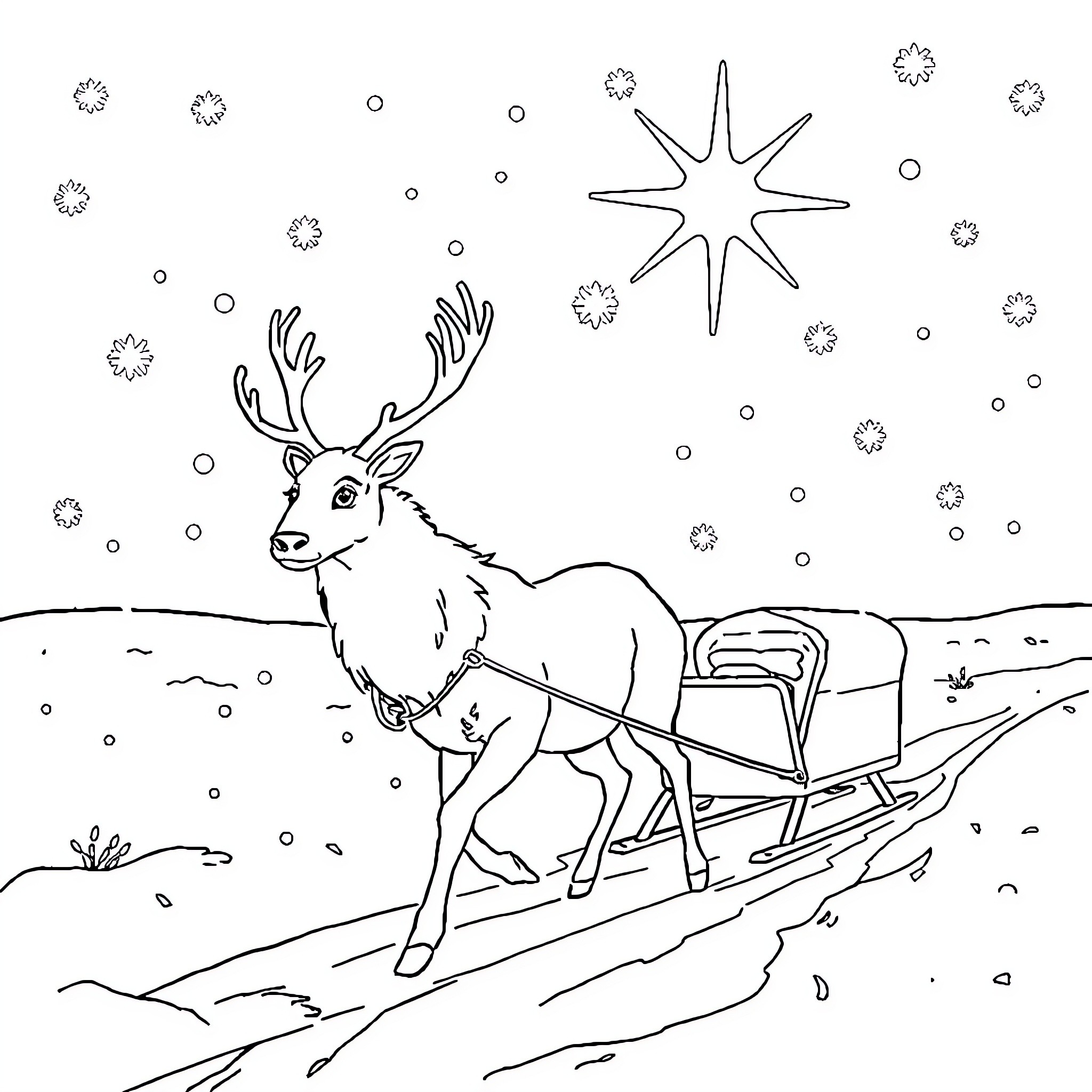 Snow Queen's Winter Sleigh Ride Coloring Page (free black-and-white line drawing printable PDF for all, from beginners to advanced learners, including children, teens, adults, and seniors)