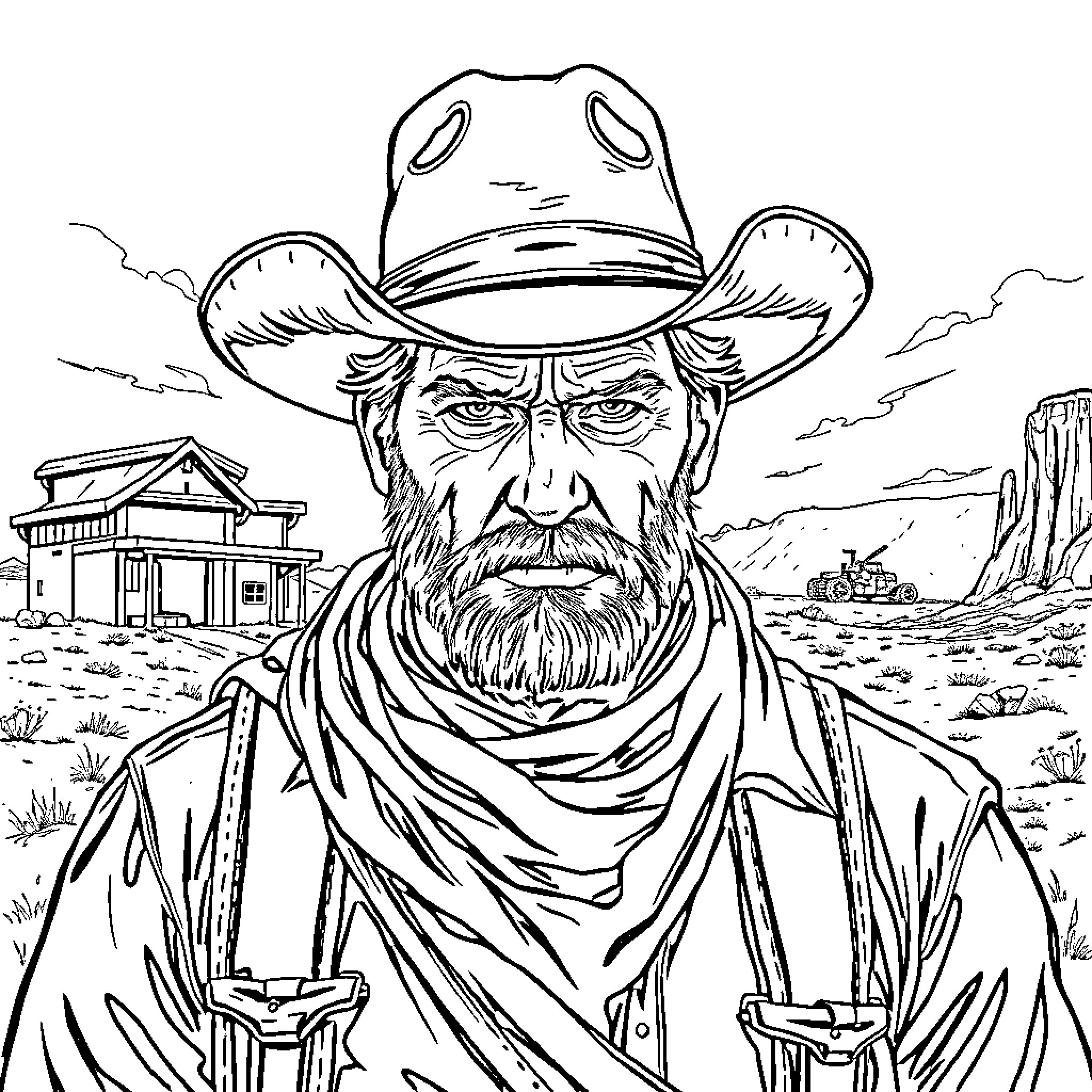 Arthur Morgan's Rugged Cowboy Adventure in the Old West Coloring Page (free black-and-white line drawing printable PDF for all, from beginners to advanced learners, including children, teens, adults, and seniors)
