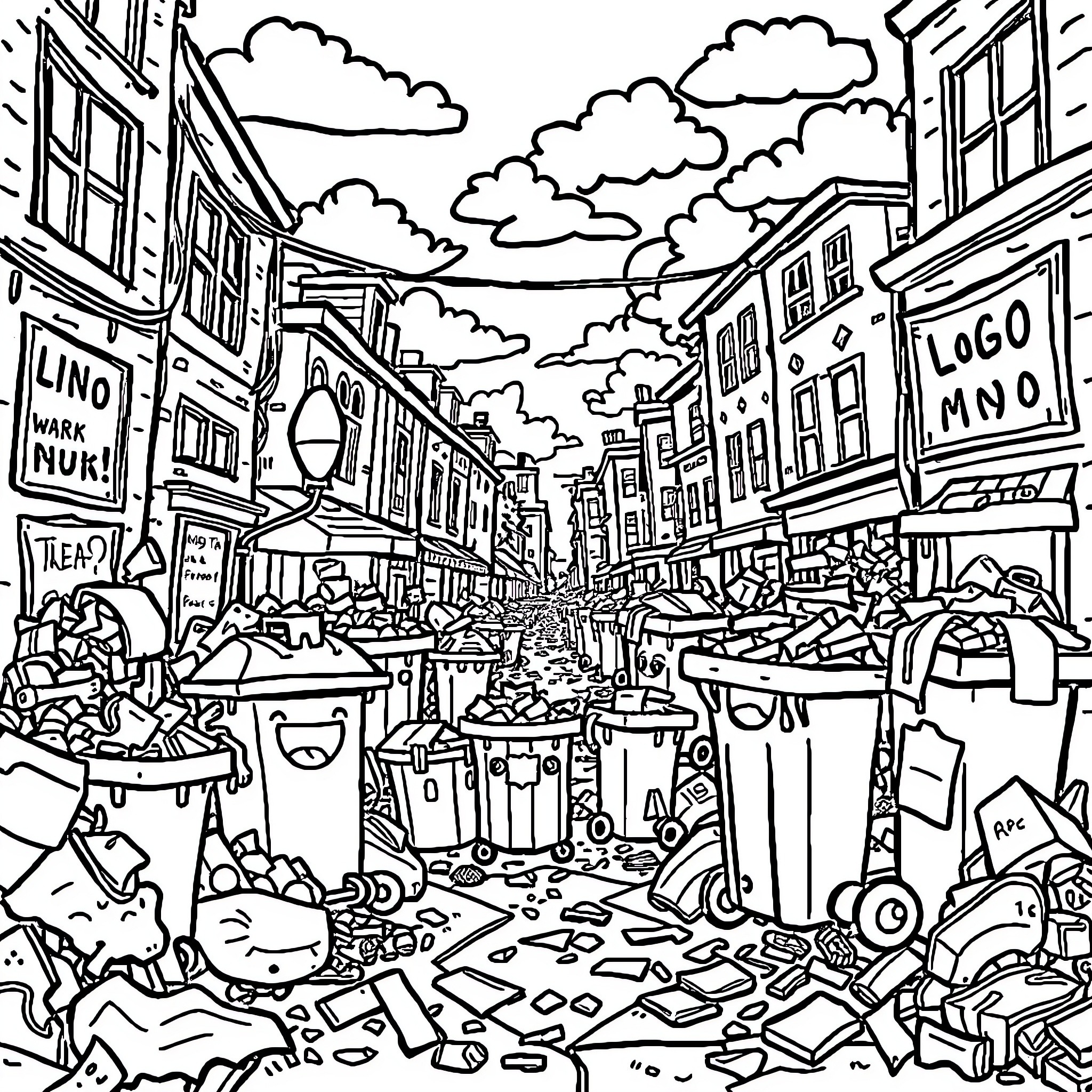 Trash Pack Creatures Causing Chaos in the City Streets Coloring Page (free black-and-white line drawing printable PDF for all, from beginners to advanced learners, including children, teens, adults, and seniors)