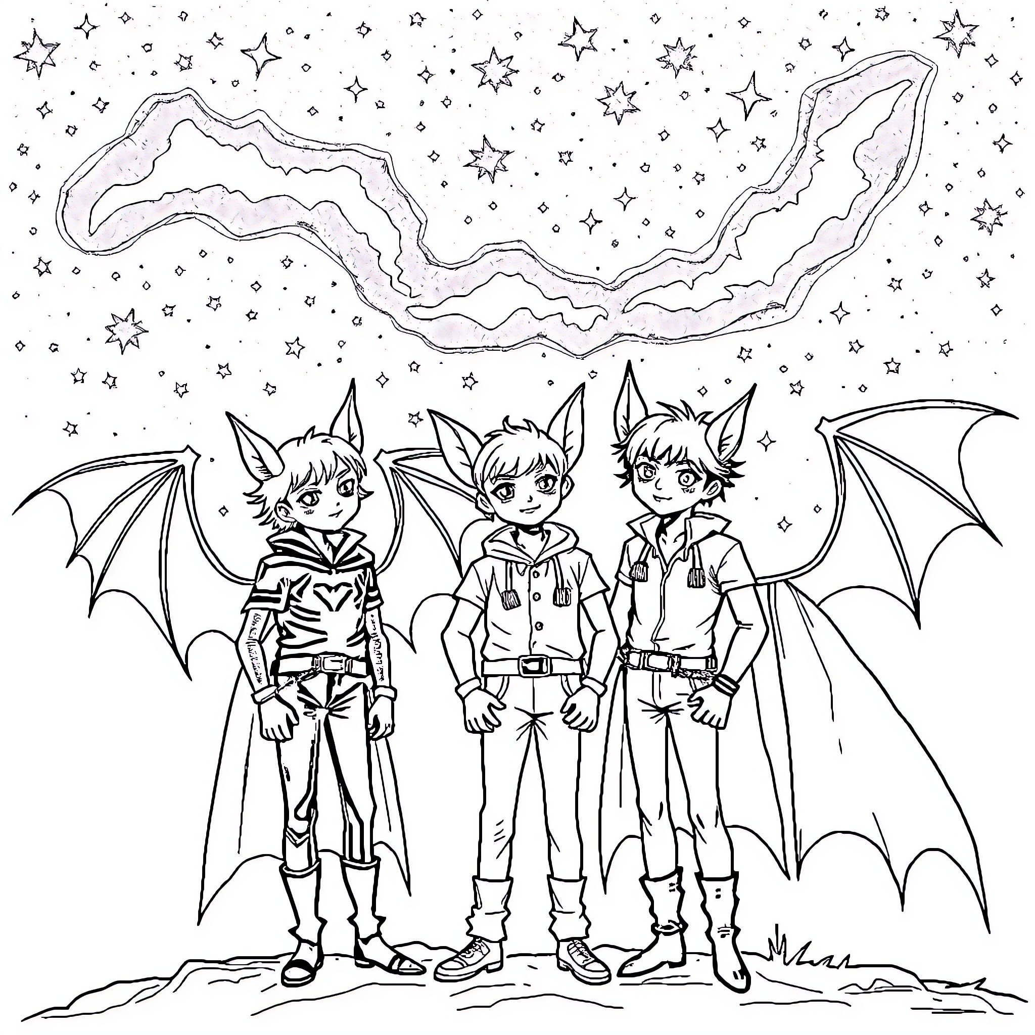 Bat Boy Trio Explore Starry Skies Coloring Page (free black-and-white line drawing printable PDF for all, from beginners to advanced learners, including children, teens, adults, and seniors)