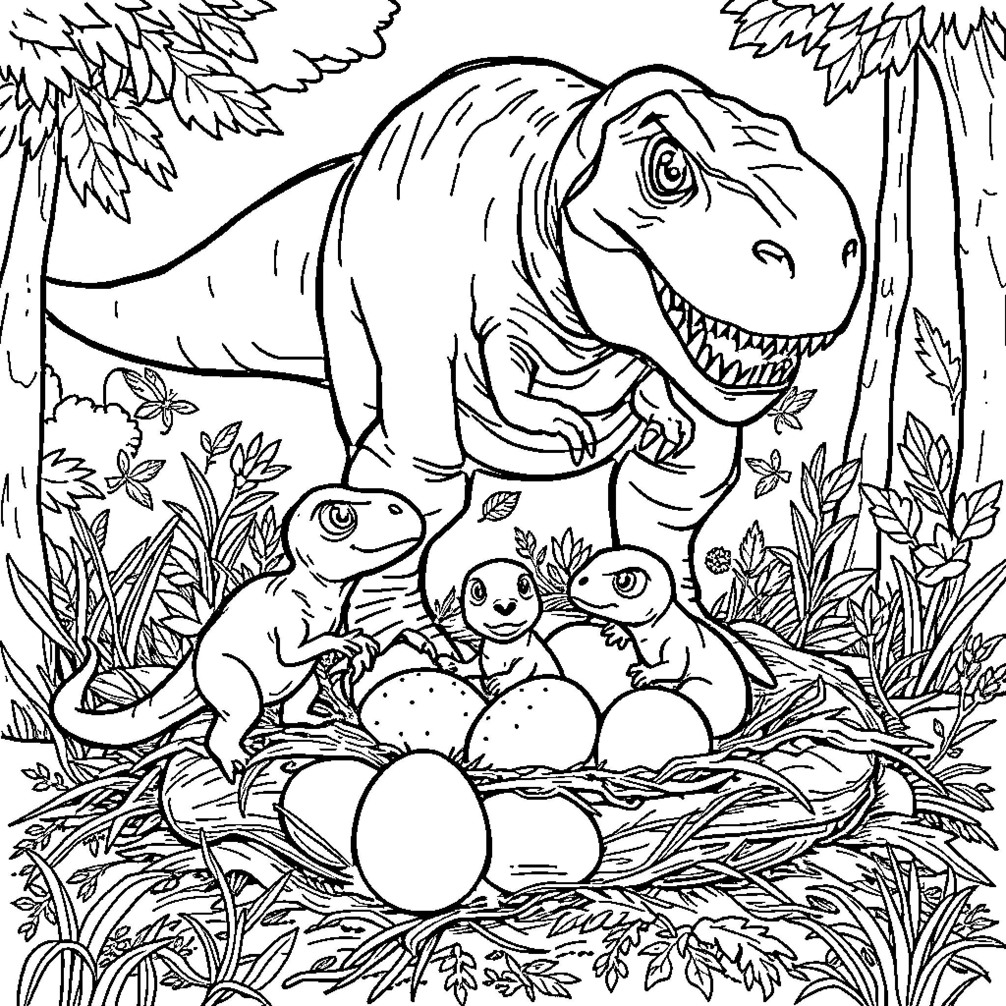 T-Rex guarding its nest with hatchlings Coloring Page (free black-and-white line drawing printable PDF for all, from beginners to advanced learners, including children, teens, adults, and seniors)