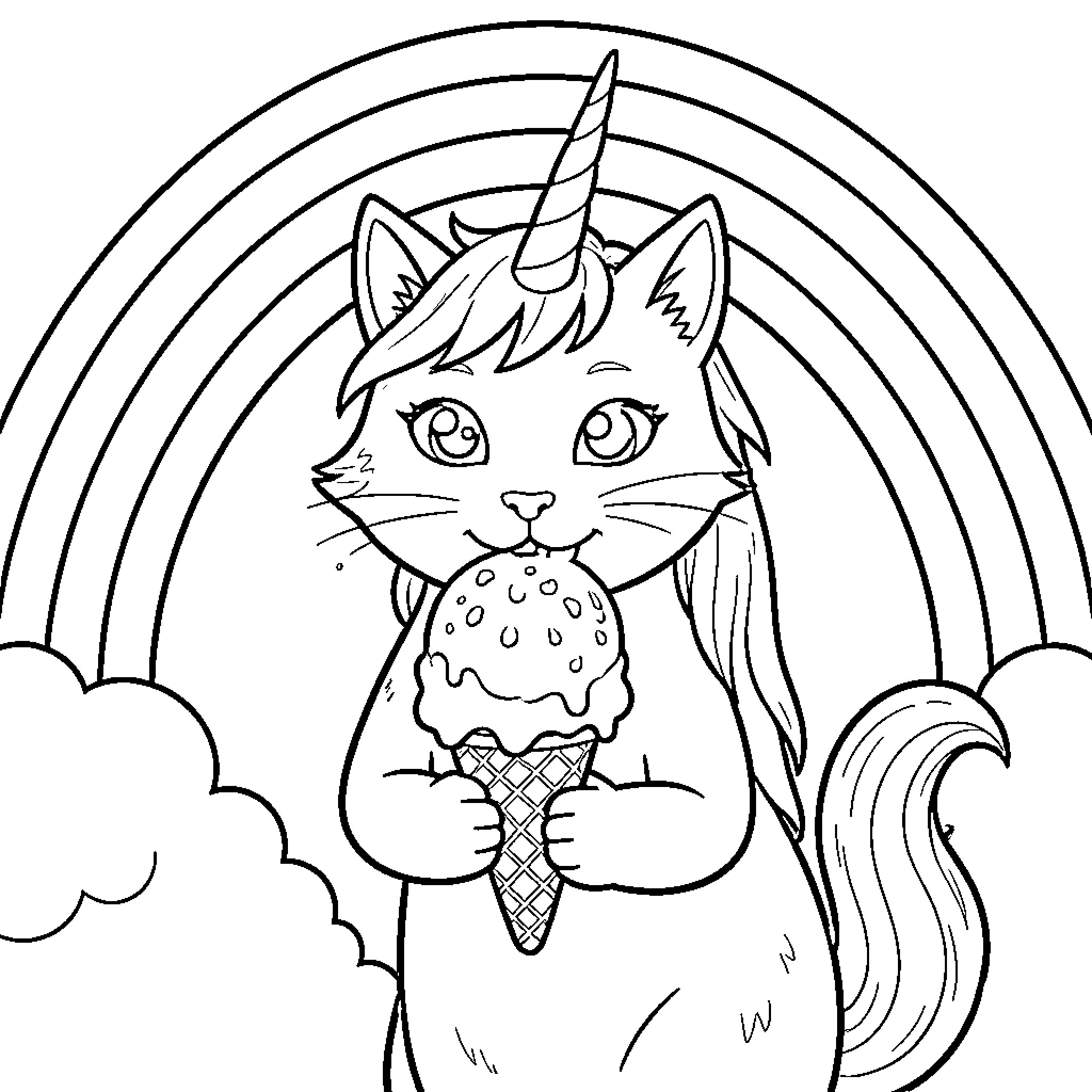Unicorn Cat enjoying an ice cream cone Coloring Page (free black-and-white line drawing printable PDF for all, from beginners to advanced learners, including children, teens, adults, and seniors)