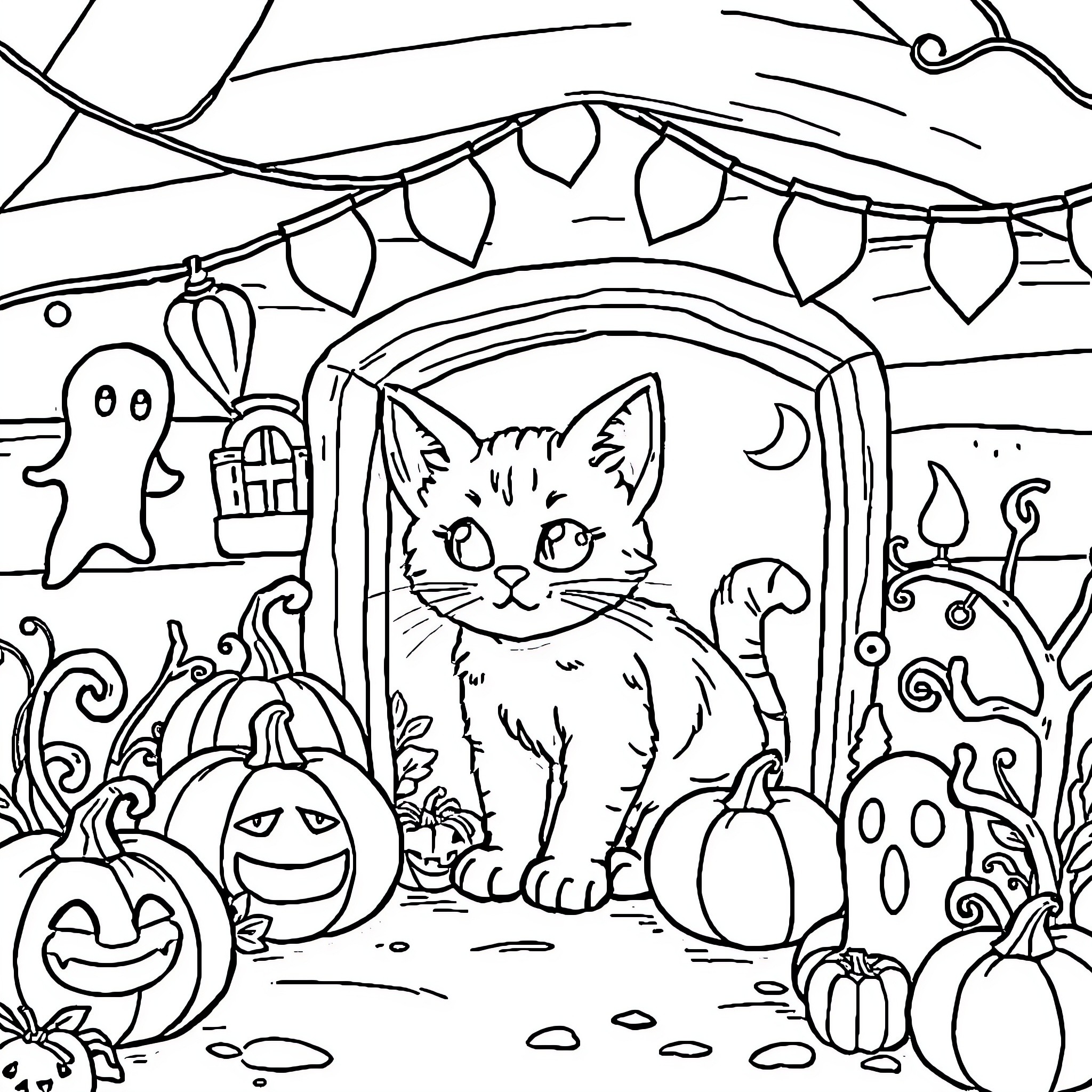 Cat enjoying Halloween decorations in the garden Coloring Page (free black-and-white line drawing printable PDF for all, from beginners to advanced learners, including children, teens, adults, and seniors)