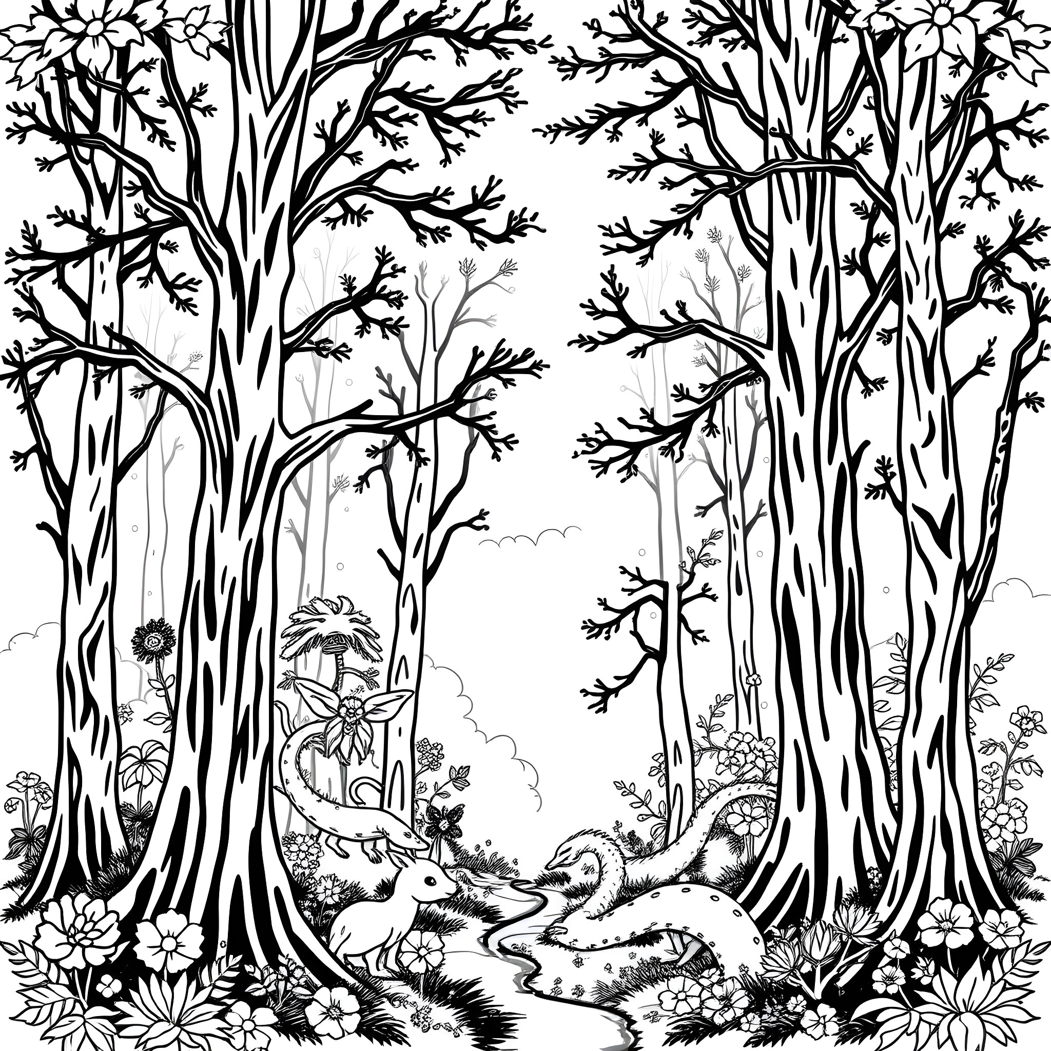Forest Scene with Woodland Creatures Coloring Page (free black-and-white line drawing printable PDF for all, from beginners to advanced learners, including children, teens, adults, and seniors)