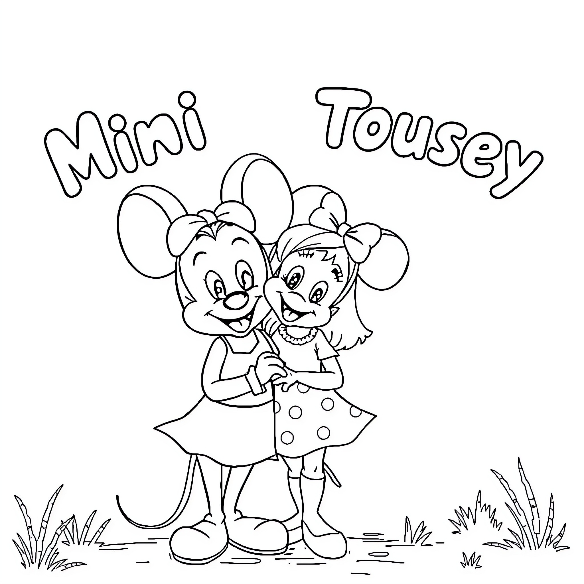 Mini Mouse and Pousey playing happily Coloring Page (free black-and-white line drawing printable PDF for all, from beginners to advanced learners, including children, teens, adults, and seniors)